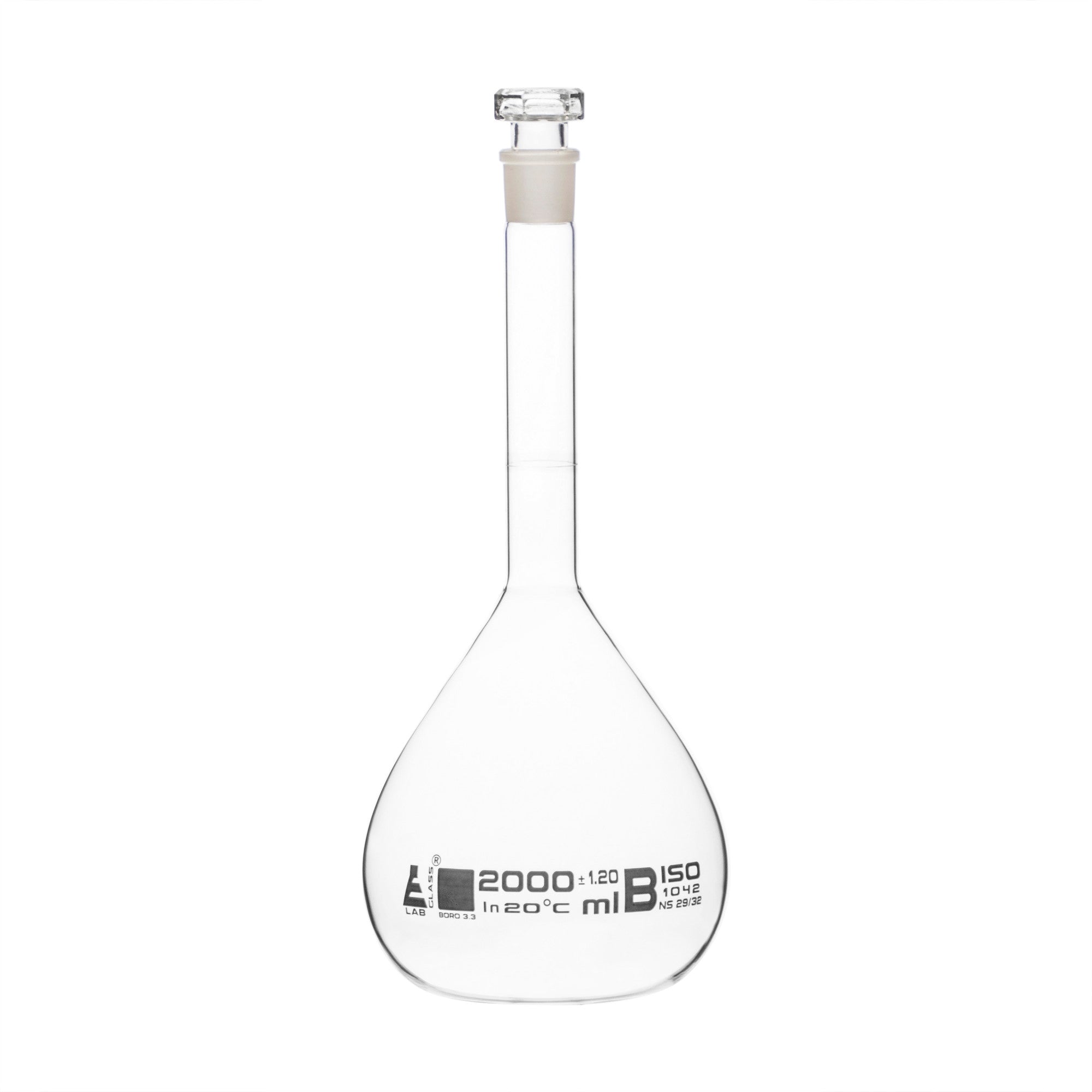 Volumetric Flask, 2000ml - Class B - Hexagonal, Hollow Glass Stopper - Single, White Graduation - Eisco Labs