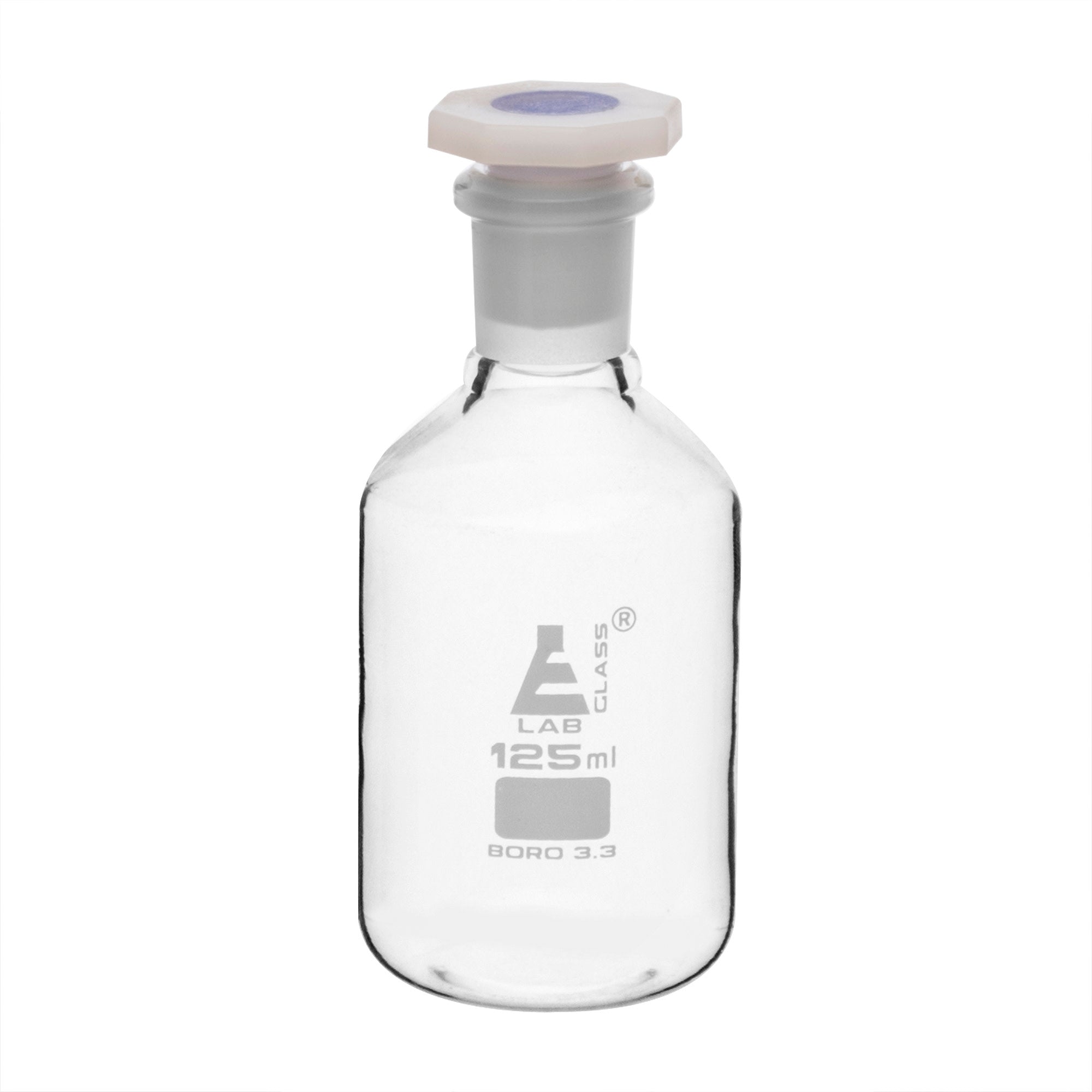 Clear Borosilicate Glass Reagent Bottle with Polyethylene Stopper, 125 ml, Narrow Mouth, Autoclavable