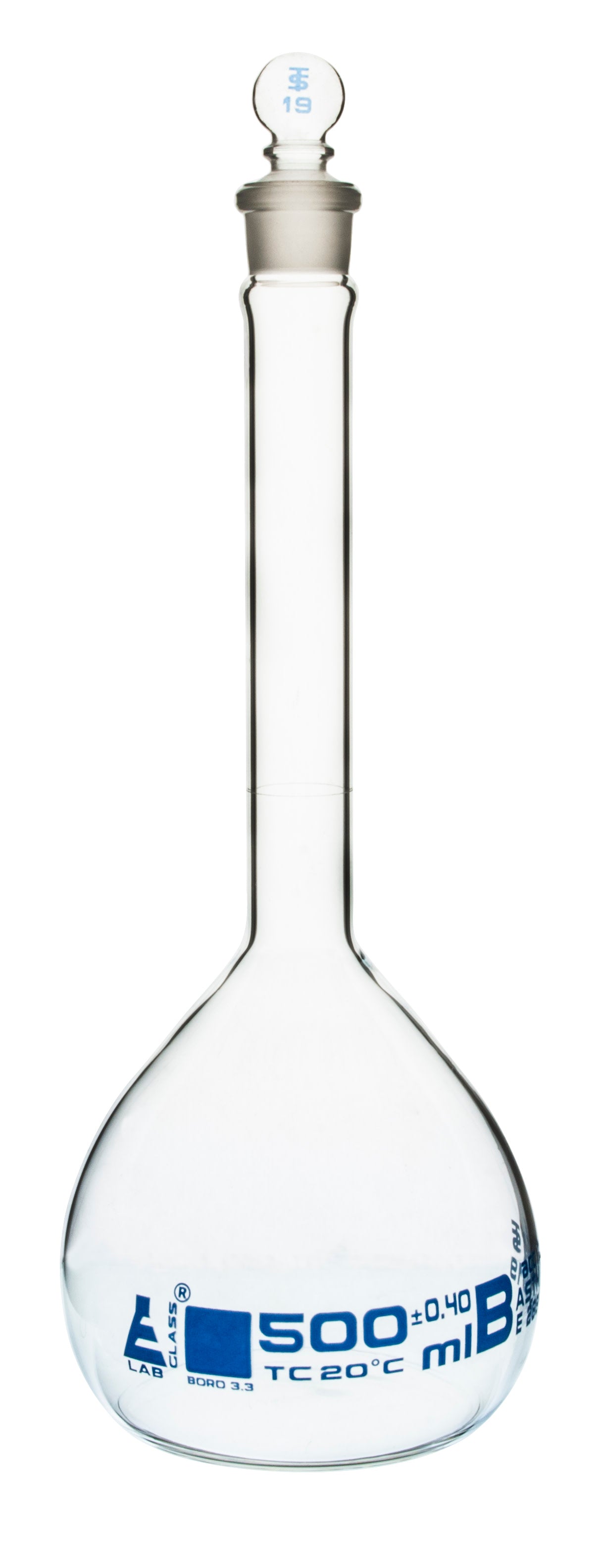 Borosilicate Glass ASTM Volumetric Flask with Glass Stopper, 500