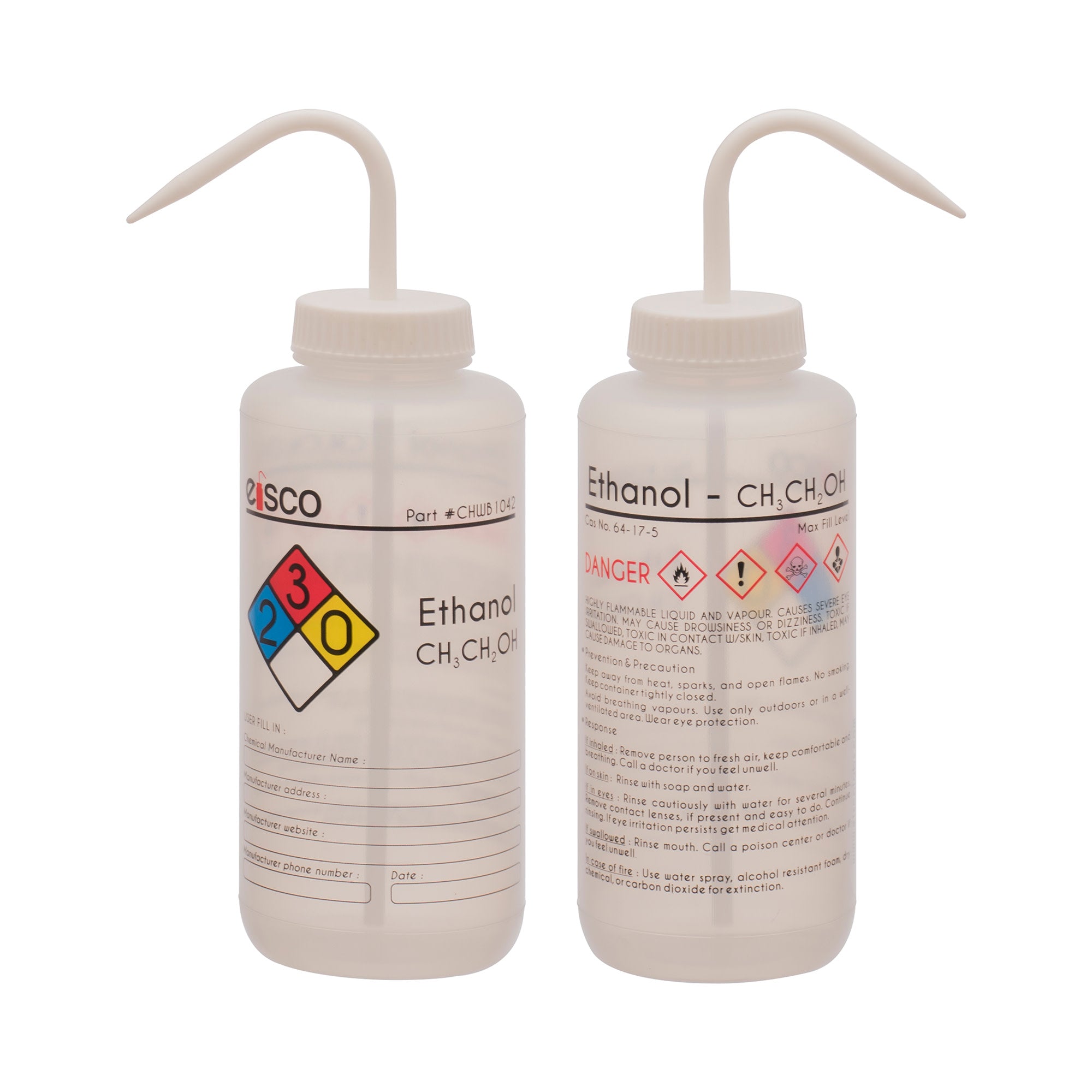 2PK Performance Plastic Wash Bottle, Ethanol, 1000 ml - Labeled (4 Color)