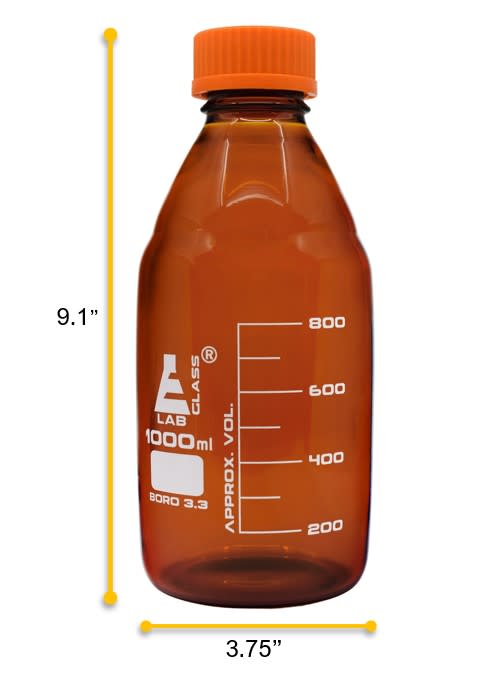 Amber Borosilicate Glass Reagent Bottle with Screw Cap, 1000 ml with Graduations, Autoclavable