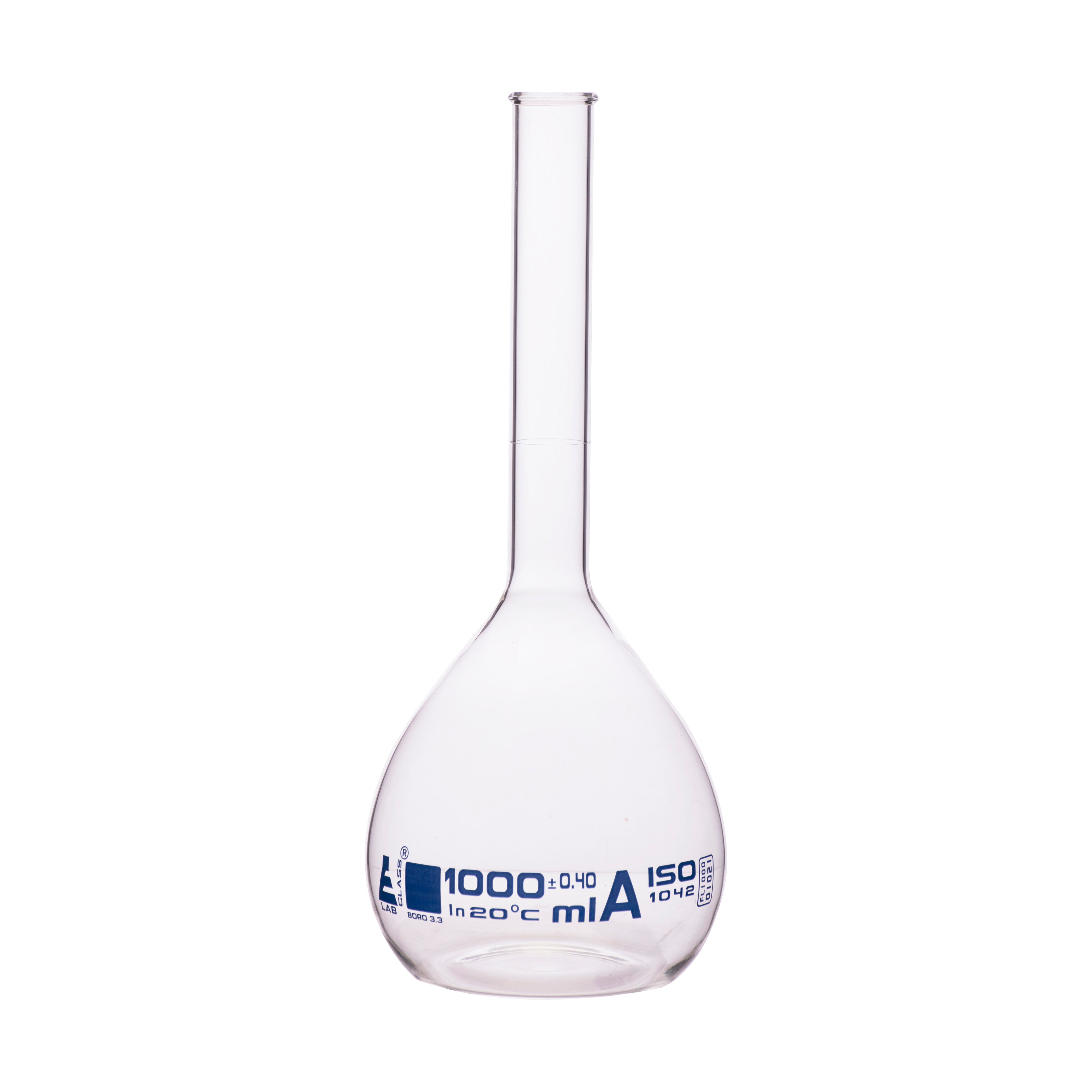 Borosilicate Glass Volumetric Flask with Beaded Rim, 1000ml, Class A, Blue Print, Autoclavable