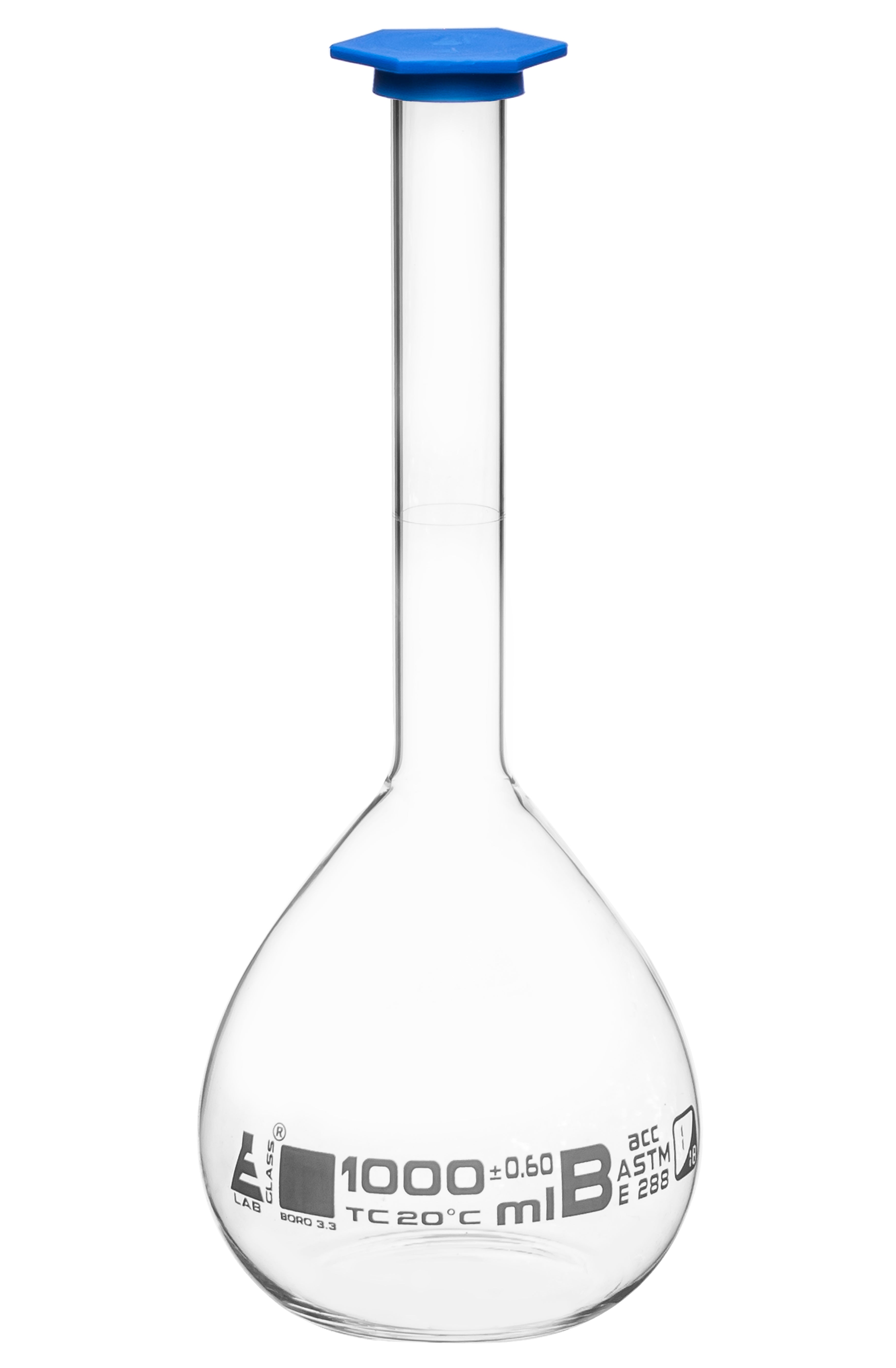 Borosilicate Volumetric Flask with Polyethylene Snap Cap, 1000 ml, Class B, White Print, ASTM, Autoclavable