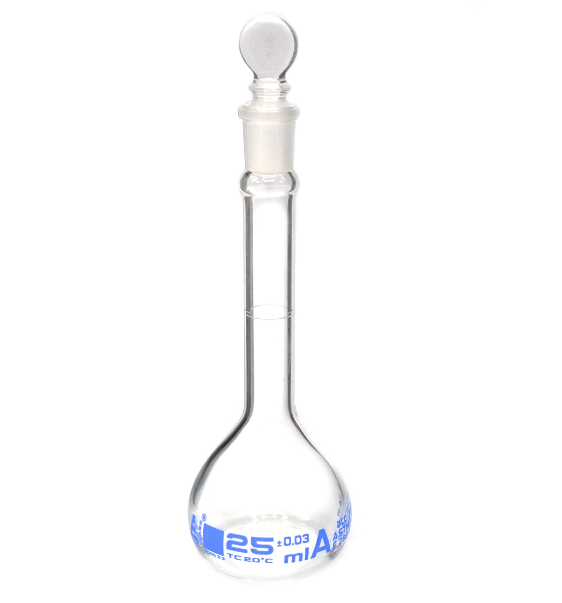 Borosilicate Glass ASTM Volumetric Flask with Glass Stopper, 25 ml, Class A, Autoclavable