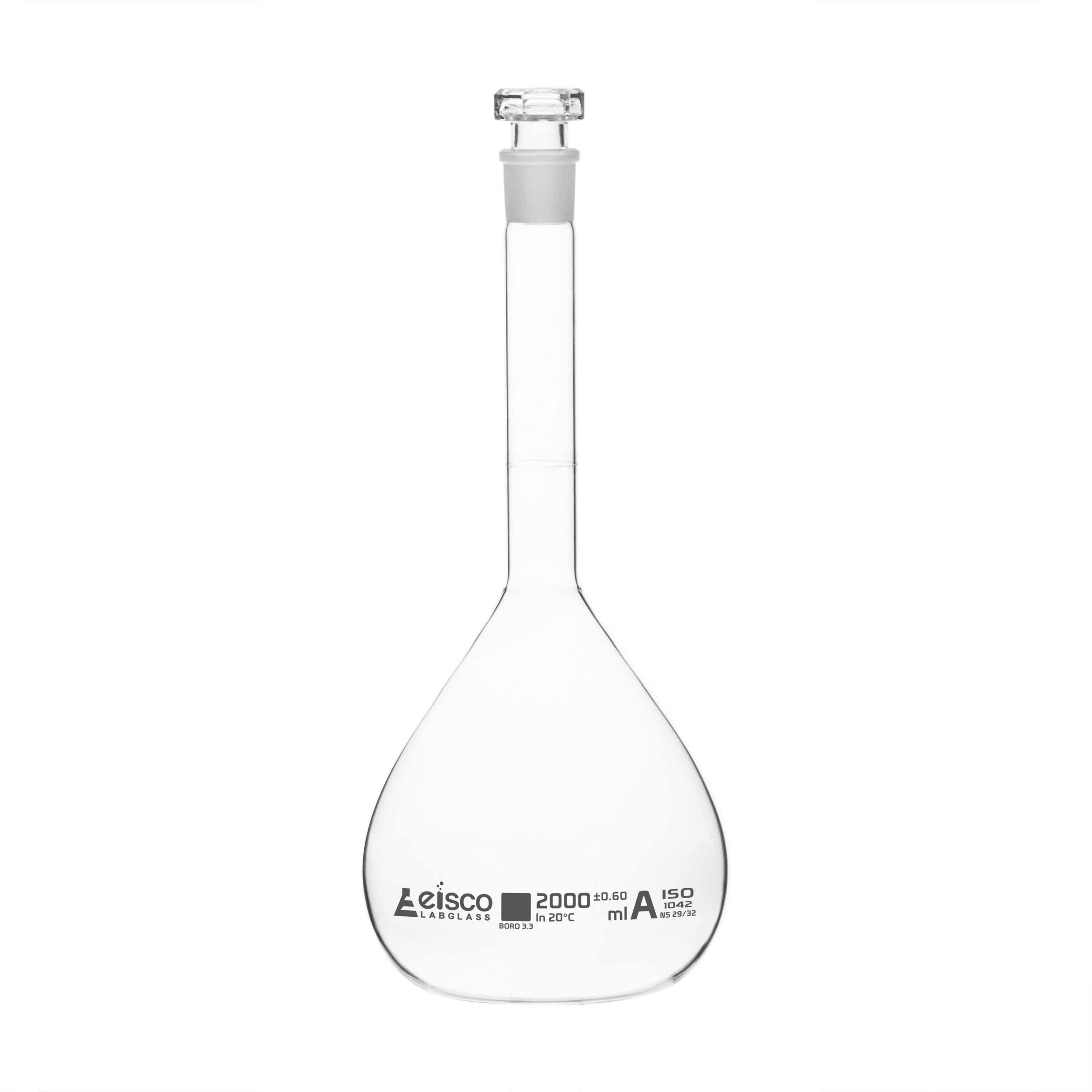 Borosilicate Volumetric Flask with Hollow Glass Stopper, 2000ml, Class A, White Print, Autoclavable