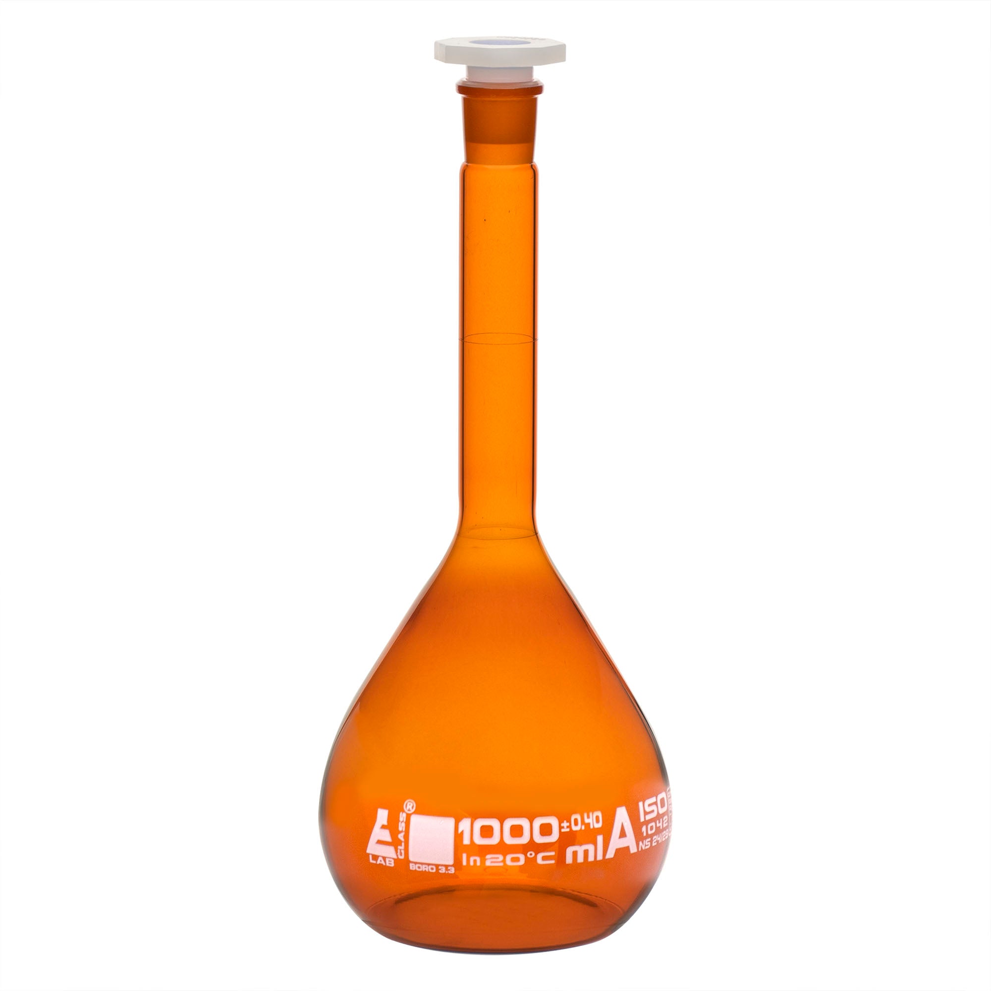Amber Borosilicate Volumetric Flask with Polyethylene Stopper, 1000ml, Class A, White Print, Autoclavable