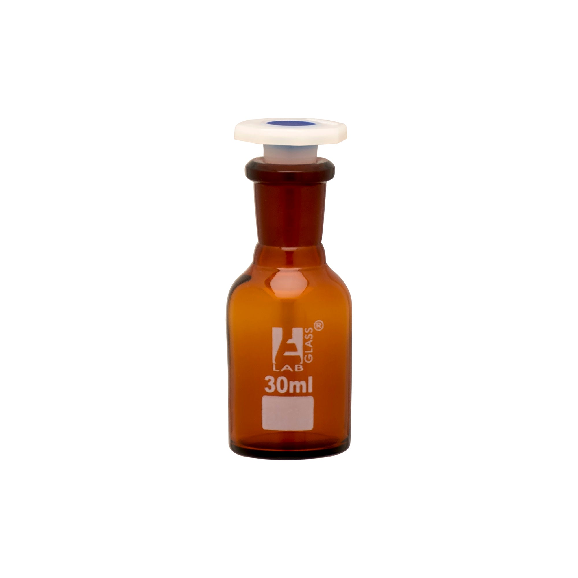 Amber Borosilicate Glass Reagent Bottle with Polyethylene Stopper, 30 ml, Narrow Mouth, Narrow Mouth,  Autoclavable