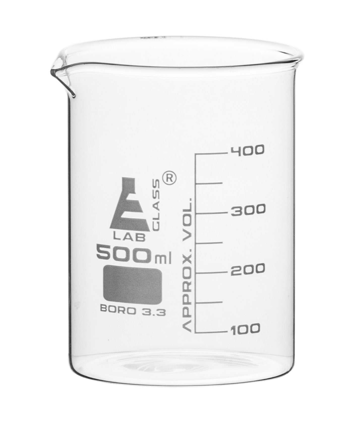 Borosilicate Low Form Beaker, 500ml, 50ml Graduation, Autoclavable