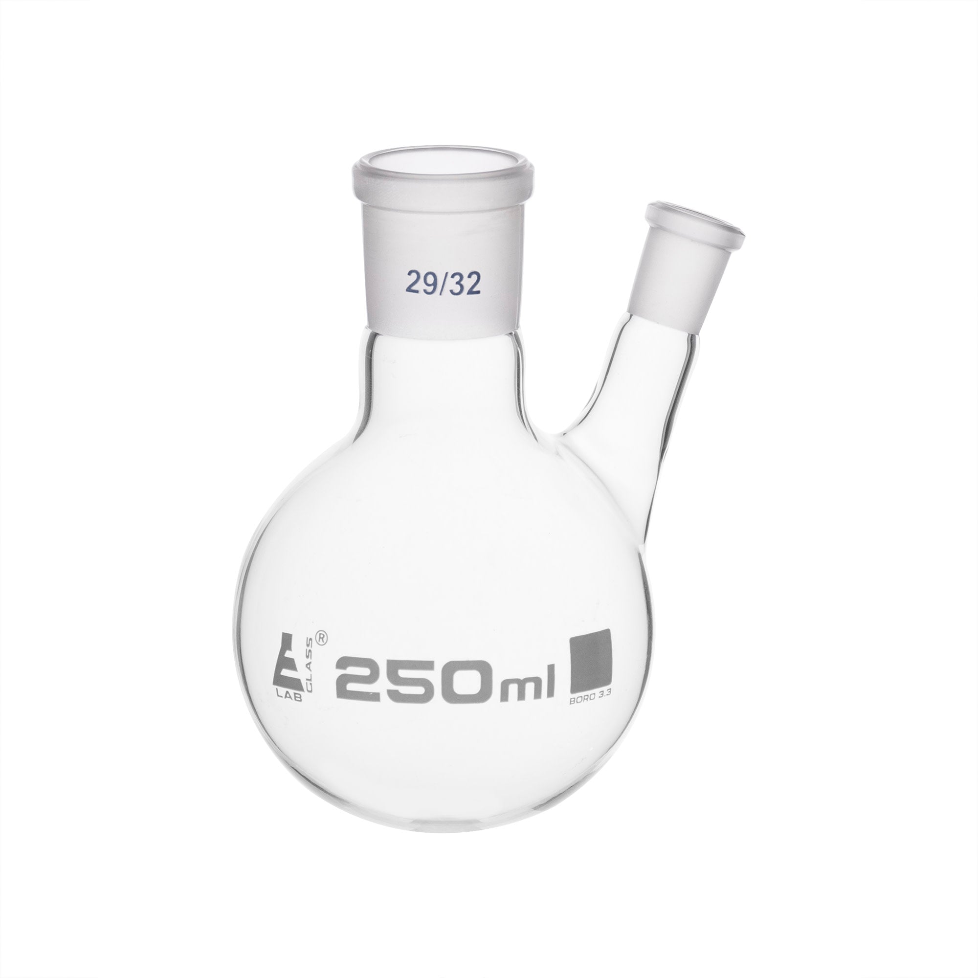 Borosilicate Glass 2 Neck Distillation Flask, 250ml, 29/32 Oblique Neck, 14/23 Side Joint, Autoclavable