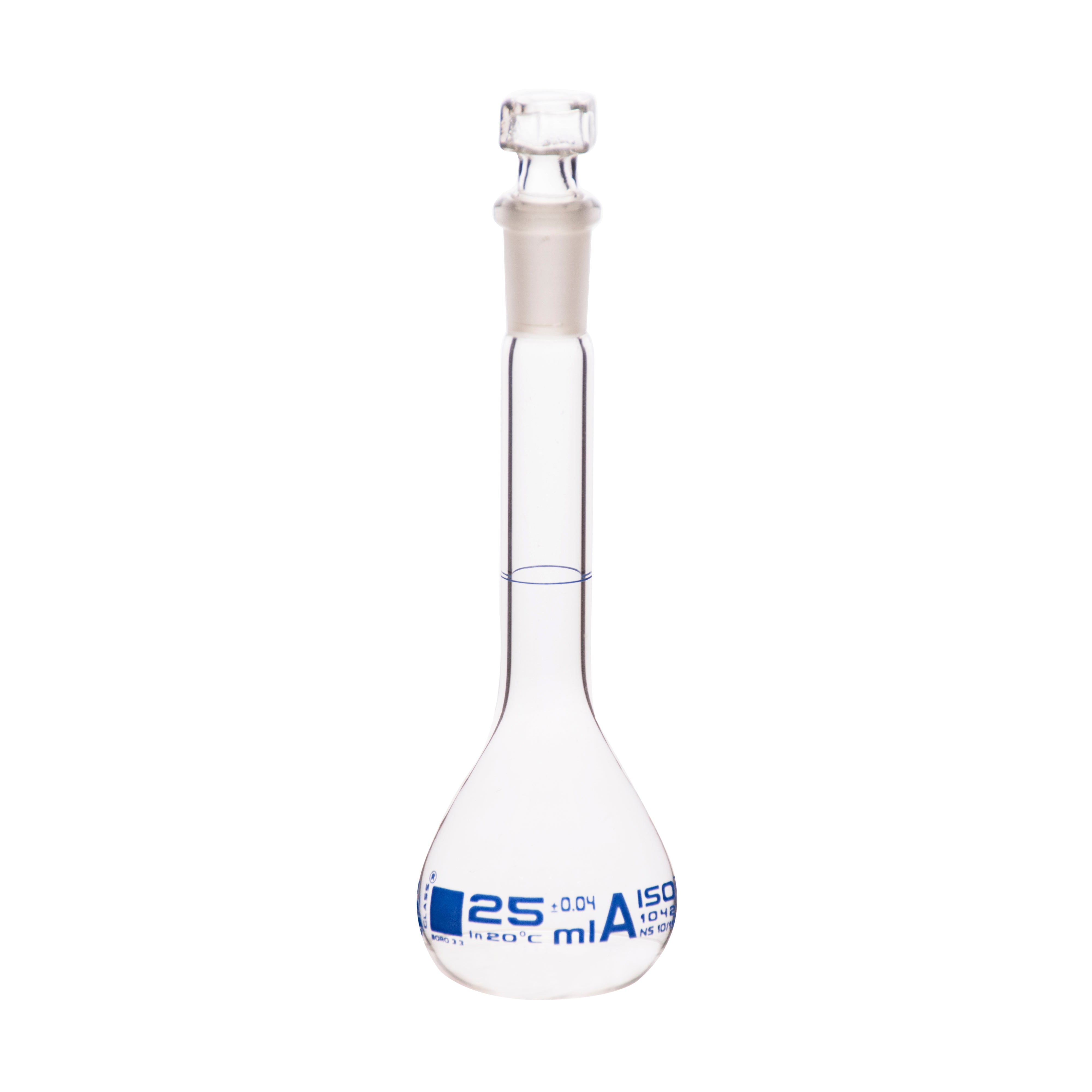Borosilicate Volumetric Flask with Hollow Glass Stopper, 25ml, Class A, Blue Print, Autoclavable