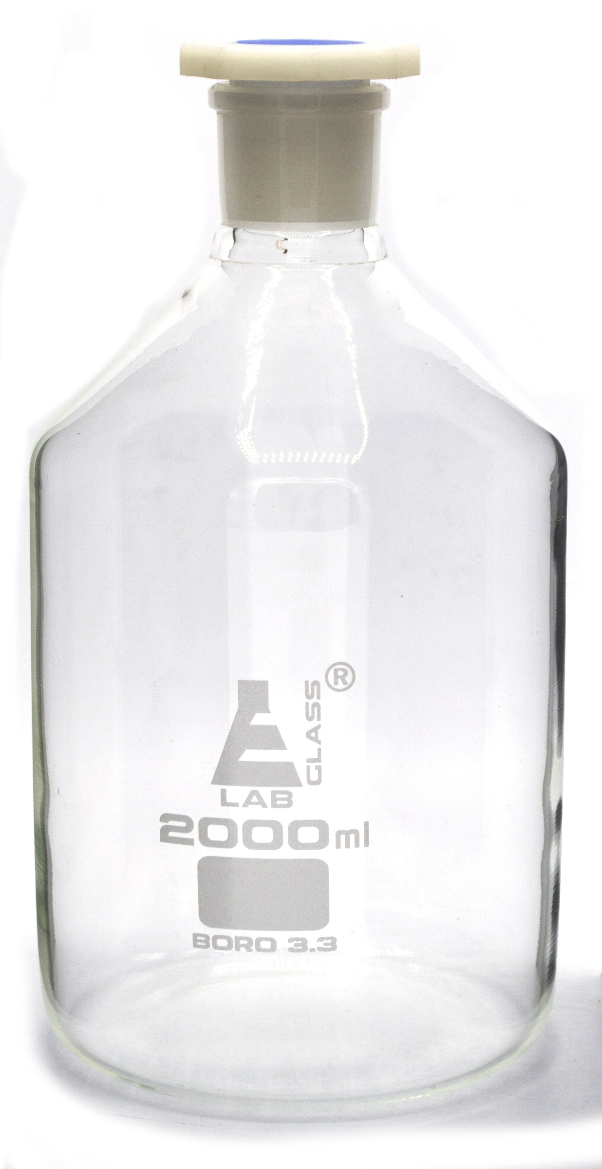 Clear Borosilicate Glass Reagent Bottle with Polyethylene Stopper, 2000 ml, Narrow Mouth, Autoclavable