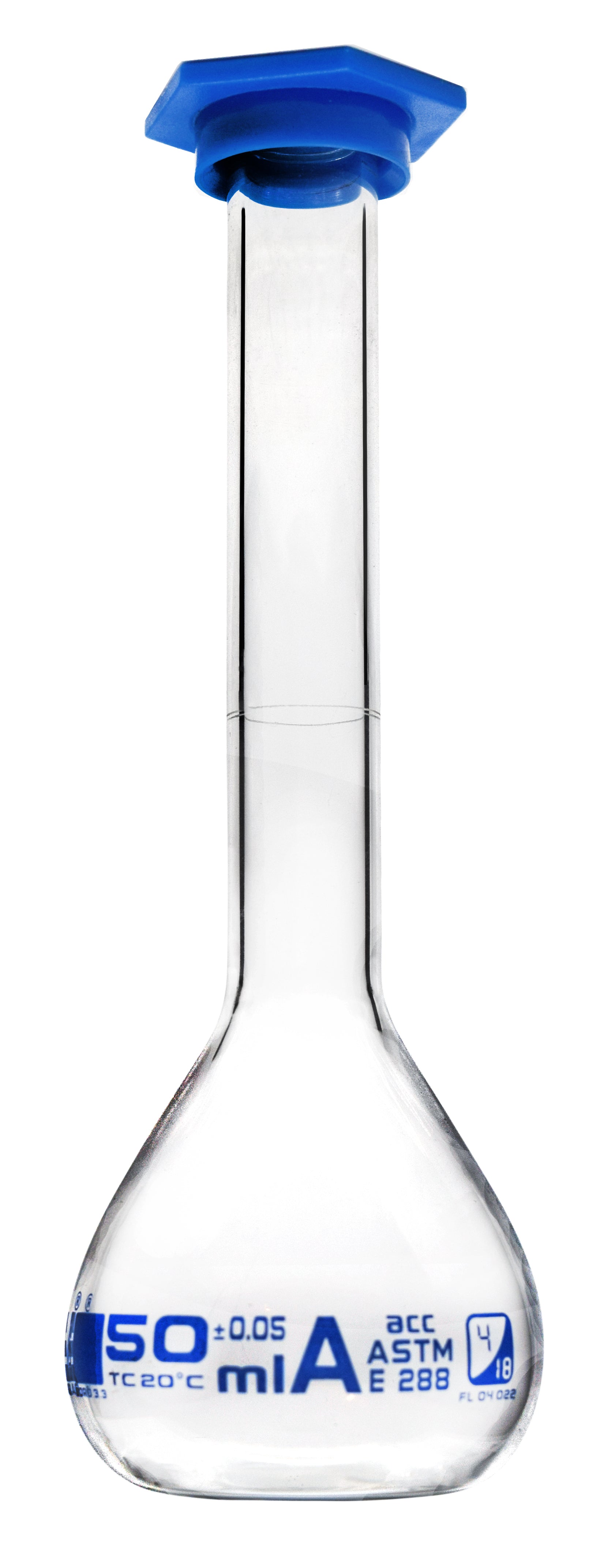 Borosilicate Volumetric Flask with Polyethylene Snap Cap, 50 ml, Class A, Blue Print, ASTM, Autoclavable