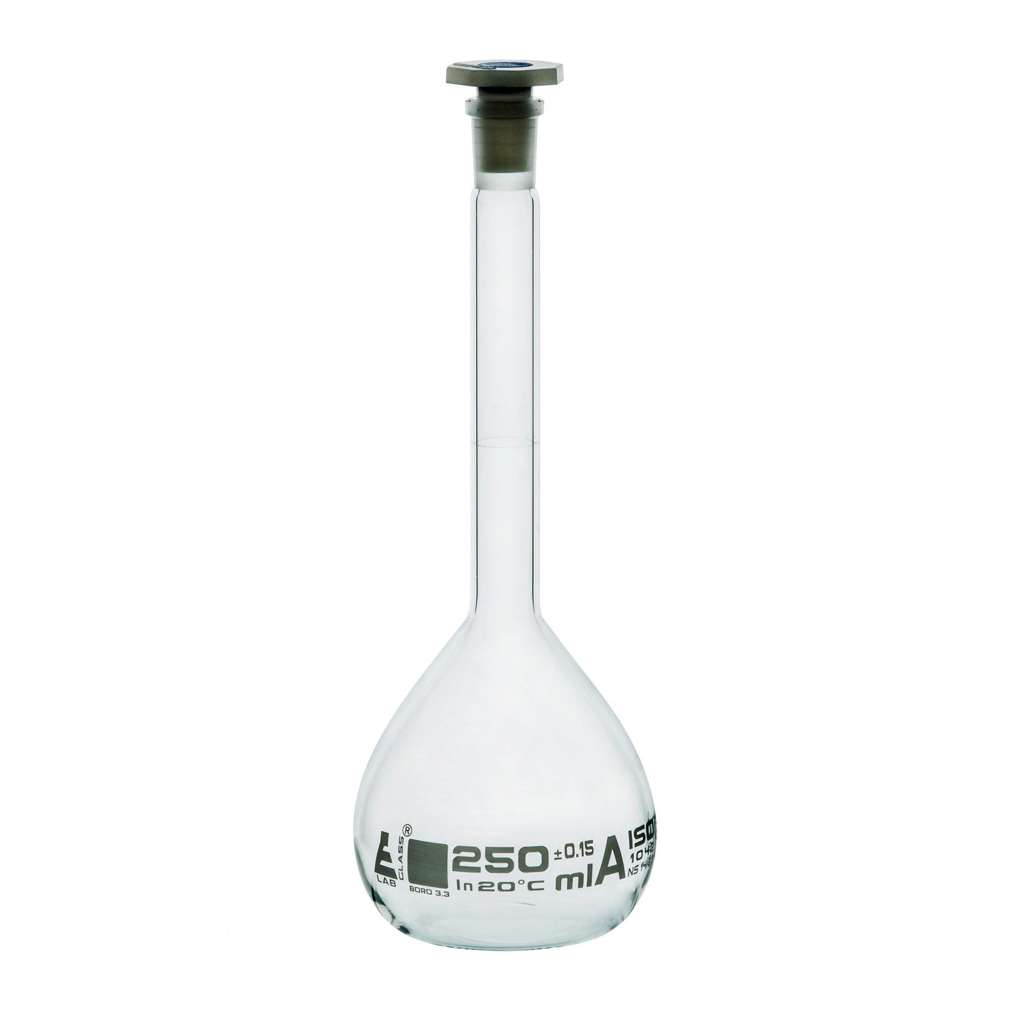 Borosilicate Glass Volumetric Flask with Polyethylene Stopper, 250ml, Class A, White Print, Autoclavable