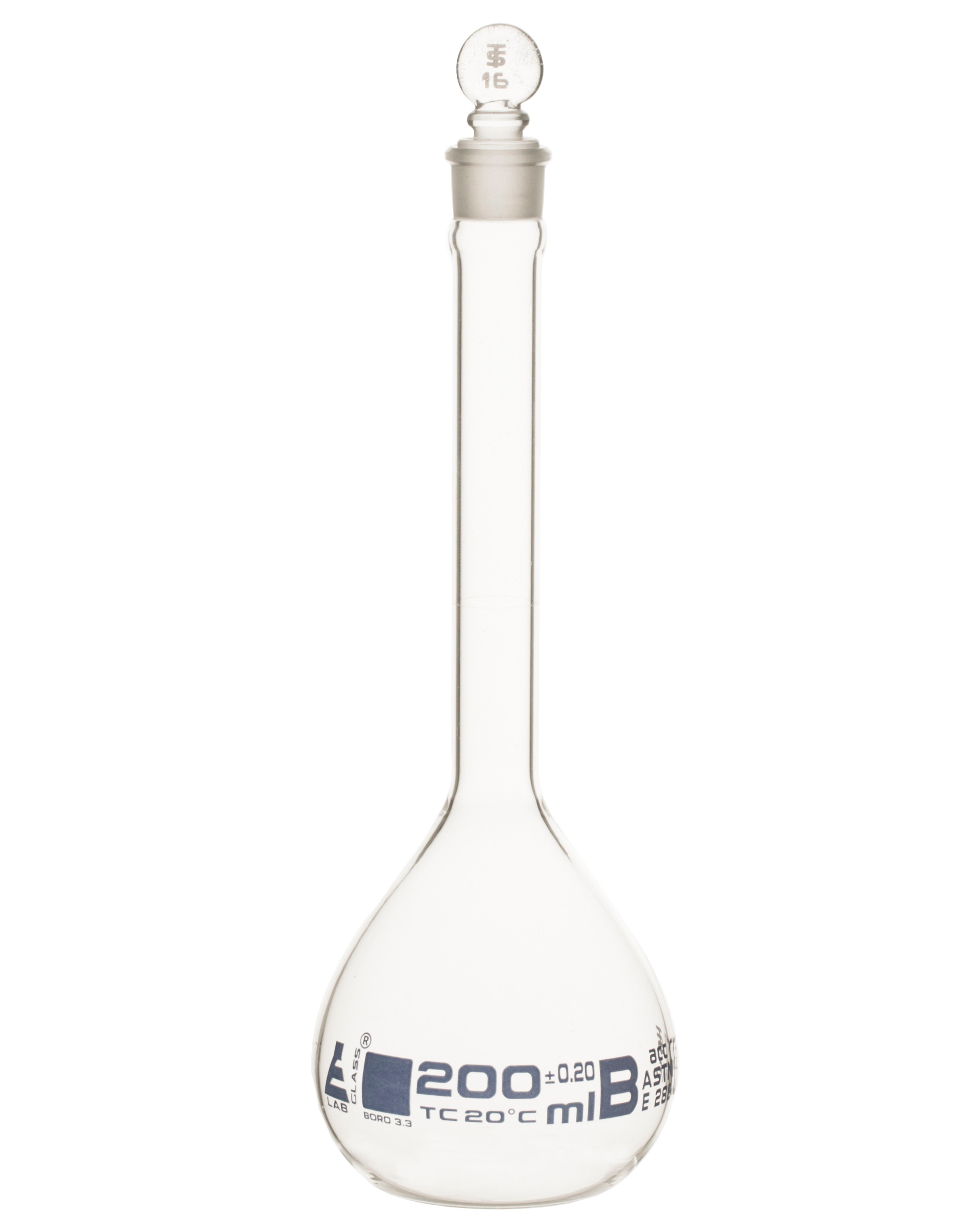Borosilicate Glass ASTM Volumetric Flask with Glass Stopper, 200 ml, Class B, Autoclavable