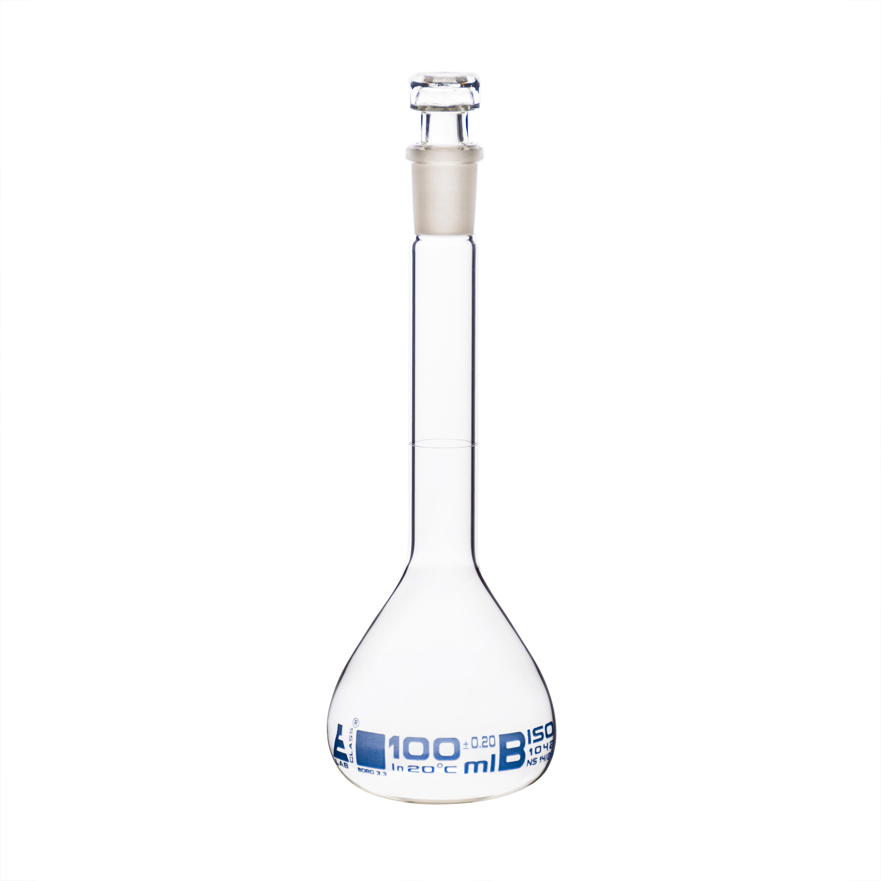 Borosilicate Volumetric Flask with Hollow Glass Stopper, 100ml, Class B, Blue Print, Autoclavable