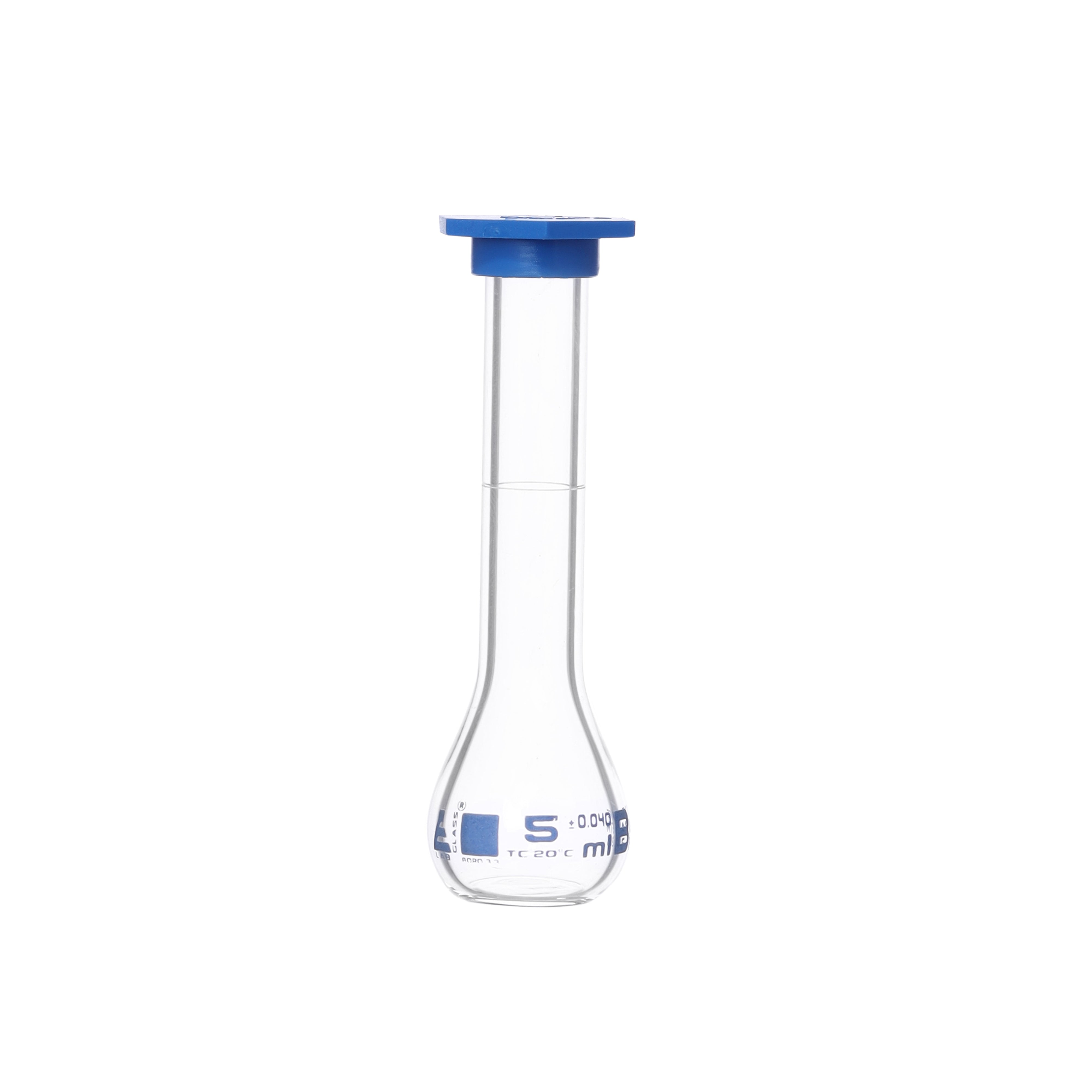 Borosilicate Volumetric Flask with Polyethylene Snap Cap, 5 ml, Class B, Blue Print, ASTM, Autoclavable