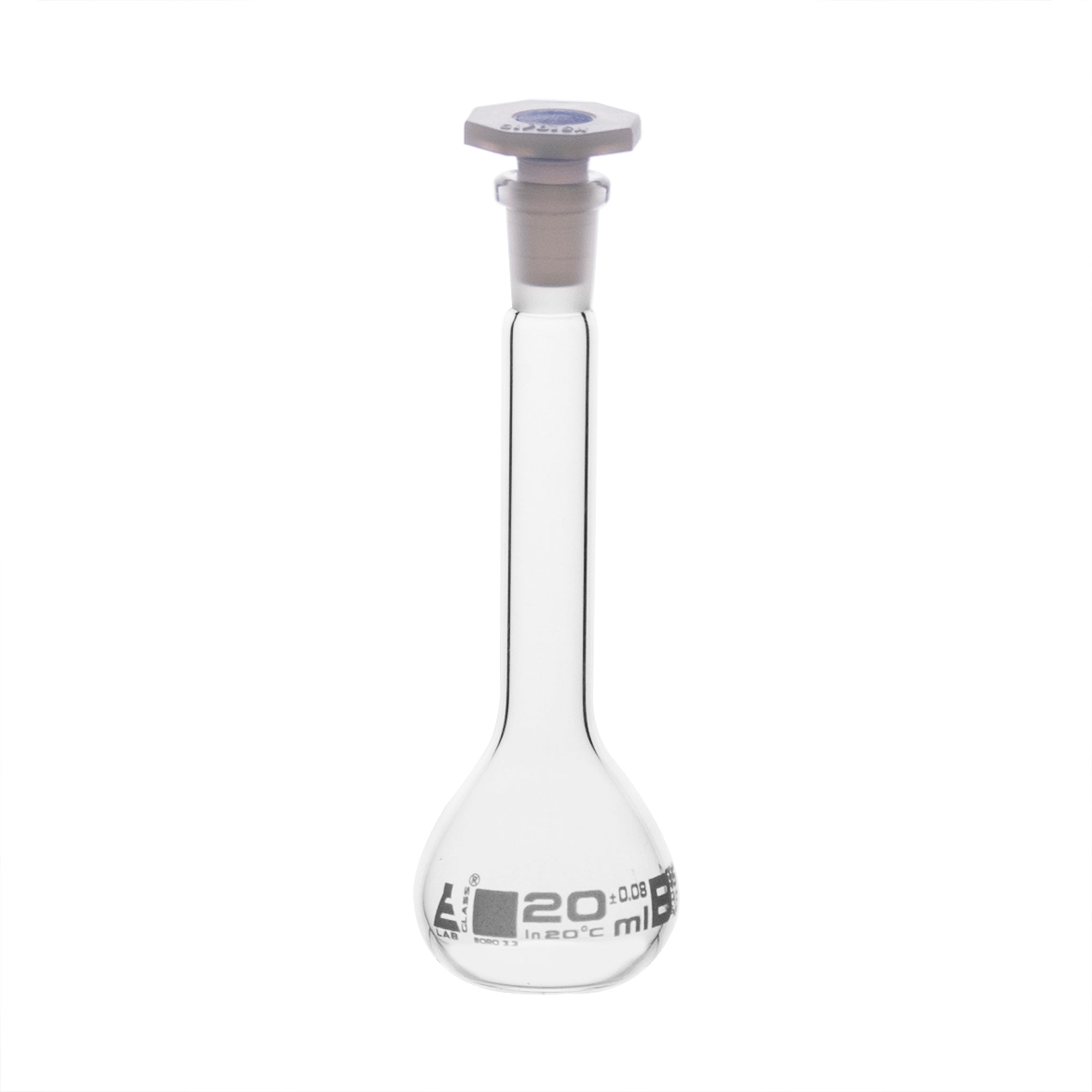 Borosilicate Glass Volumetric Flask with Polyethylene Stopper, 20ml, Class B, White Print, Autoclavable
