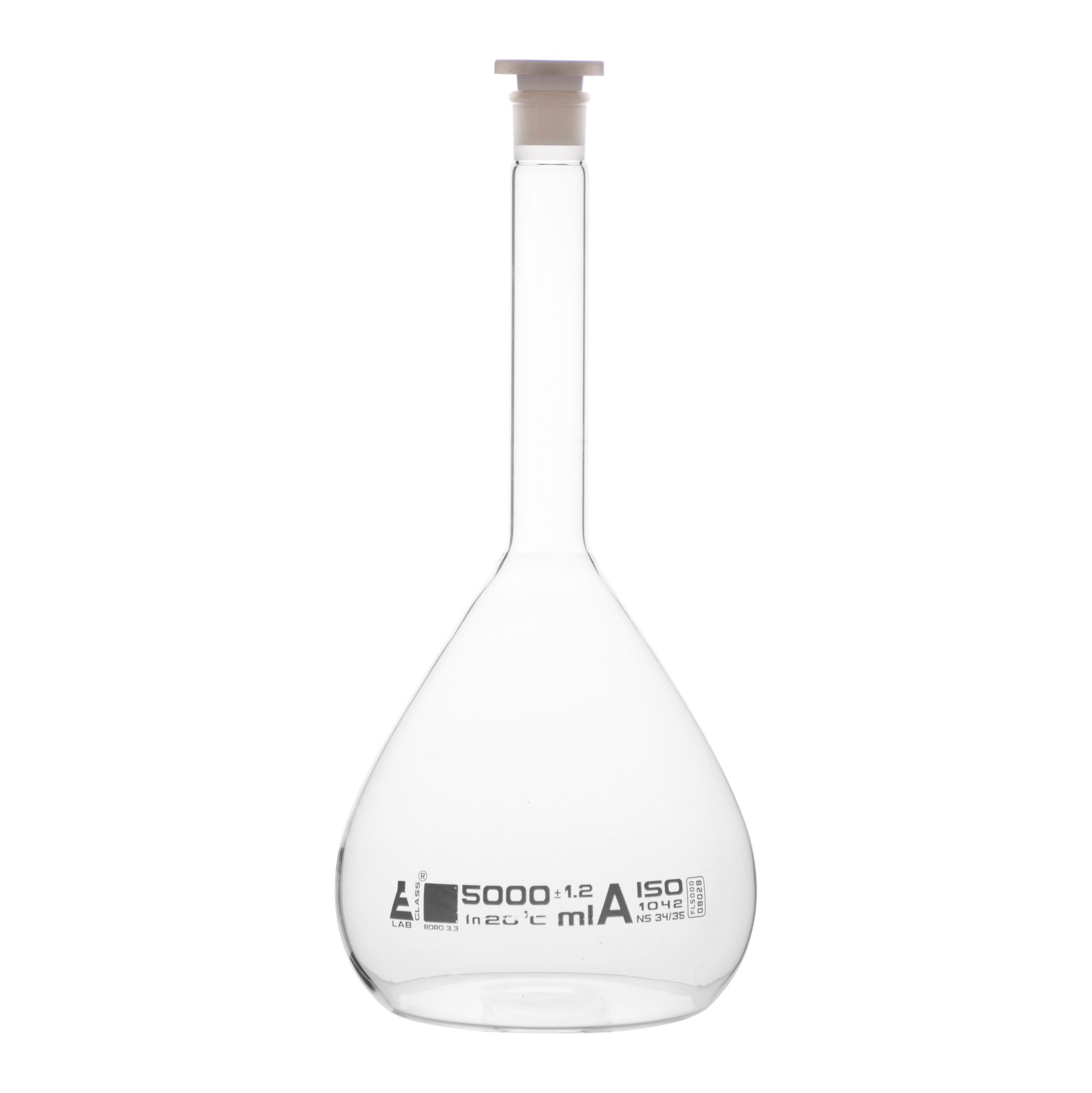 Borosilicate Glass Volumetric Flask with Polyethylene Stopper, 5000ml, Class A, White Print, Autoclavable