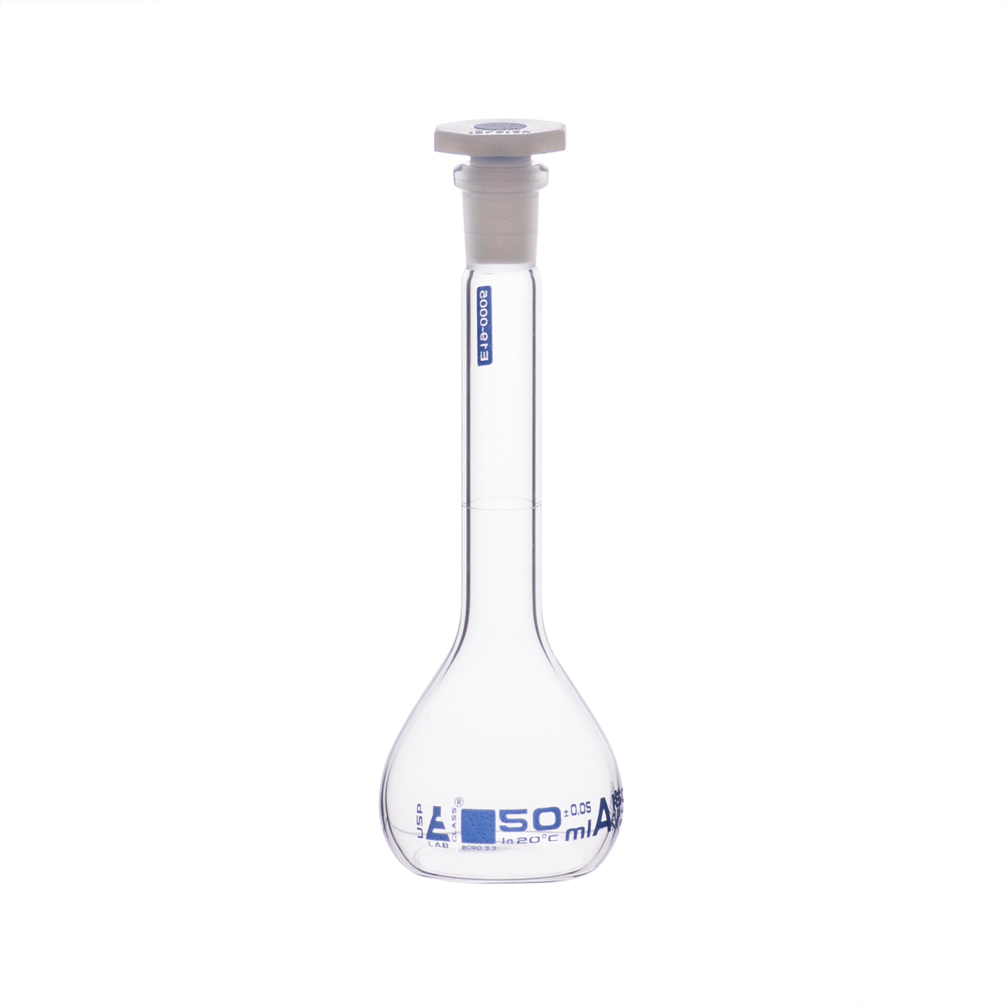 Borosilicate Glass Volumetric Flask with Solid Glass Stopper, 50 ml, USP Class A with Individual Work Certificate,  Pack of 2, Autoclavable