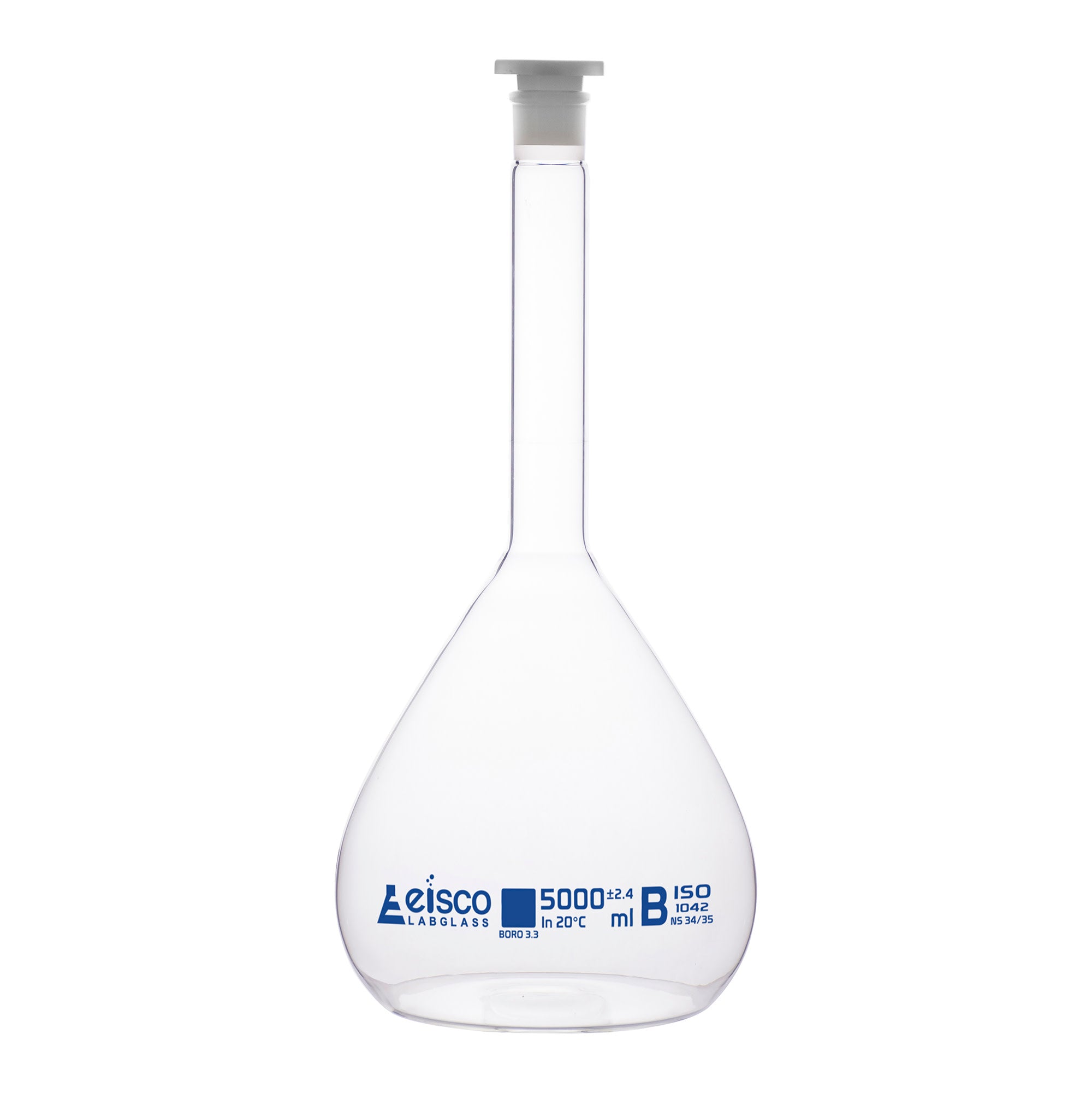 Borosilicate Glass Volumetric Flask with Polyethylene Stopper, 5000ml, Class B, Blue Print, Autoclavable