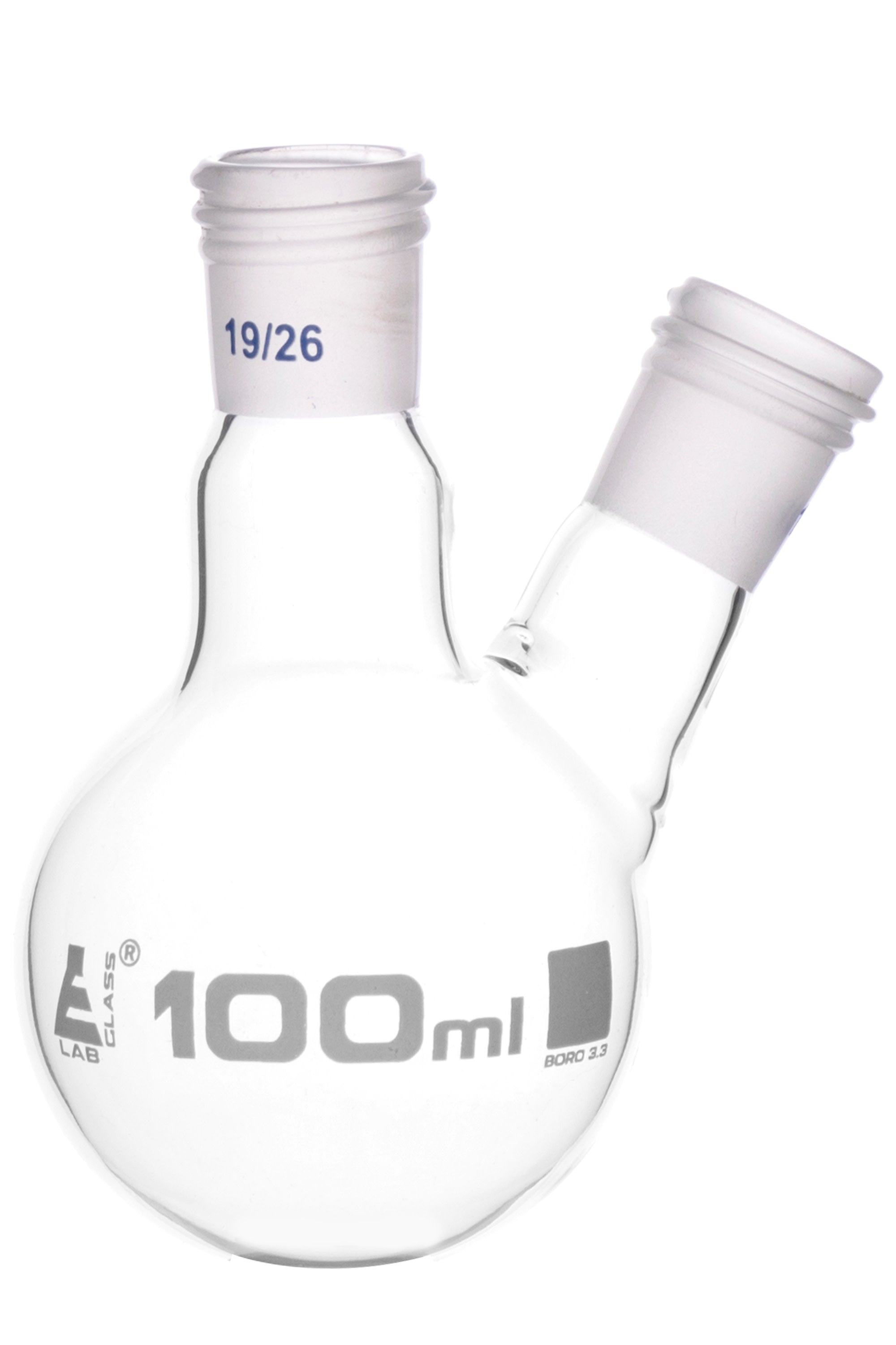 Borosilicate Glass 2 Neck Distillation Flask, 19/26 Screw Thread Joint, 100 ml, Autoclavable