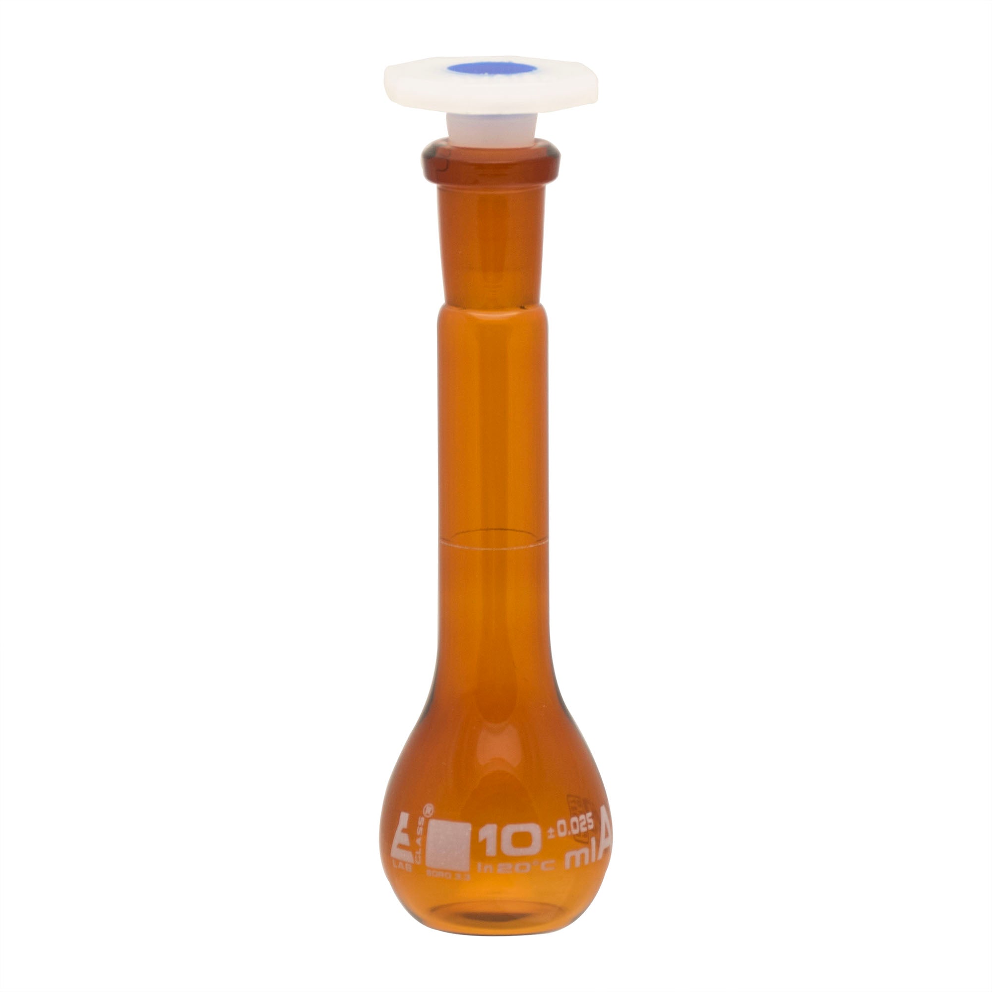 Amber Borosilicate Volumetric Flask with Polyethylene Stopper, 10ml, Class A, White Print, Autoclavable