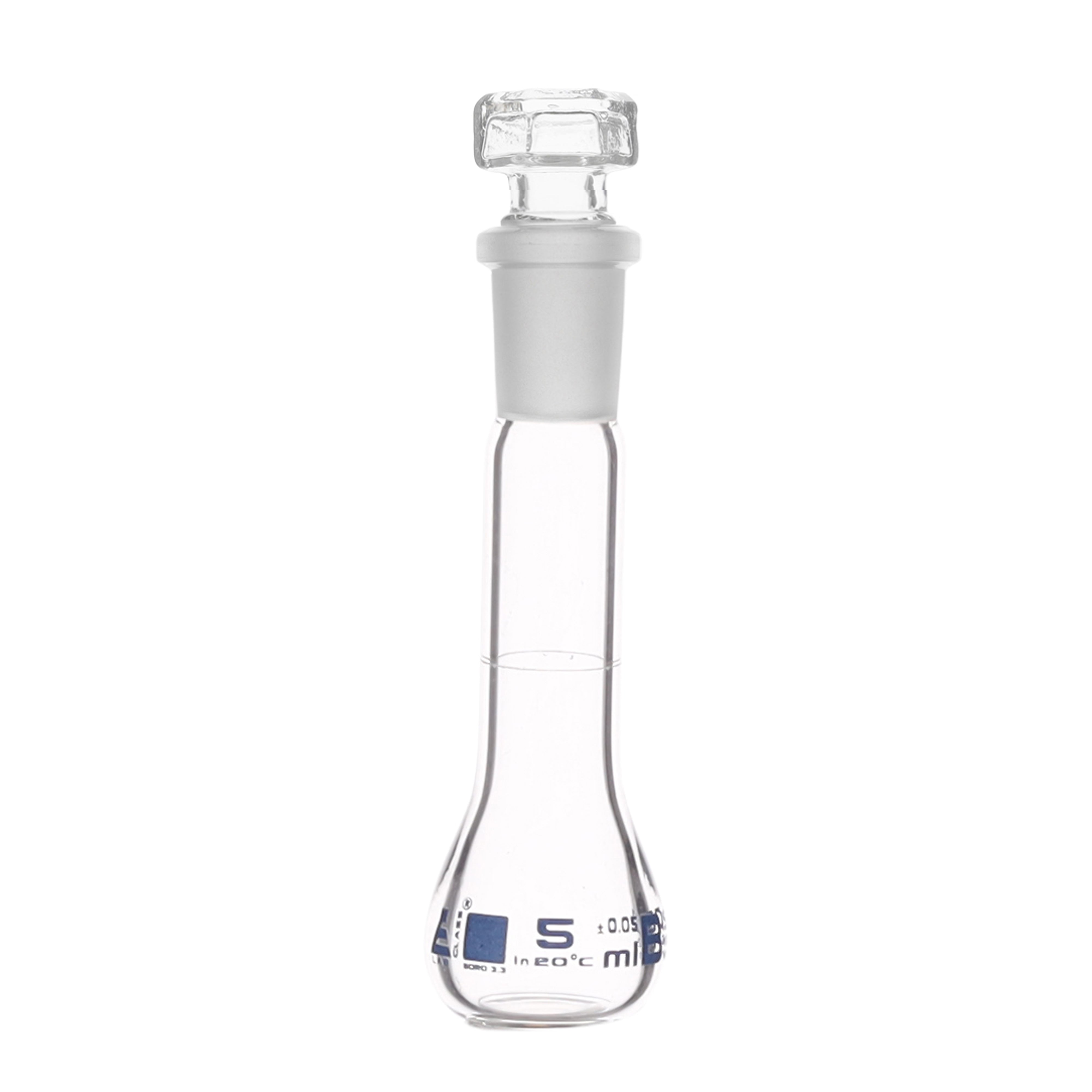 Borosilicate Volumetric Flask with Hollow Glass Stopper, 5ml, Class B, Blue Print, Autoclavable