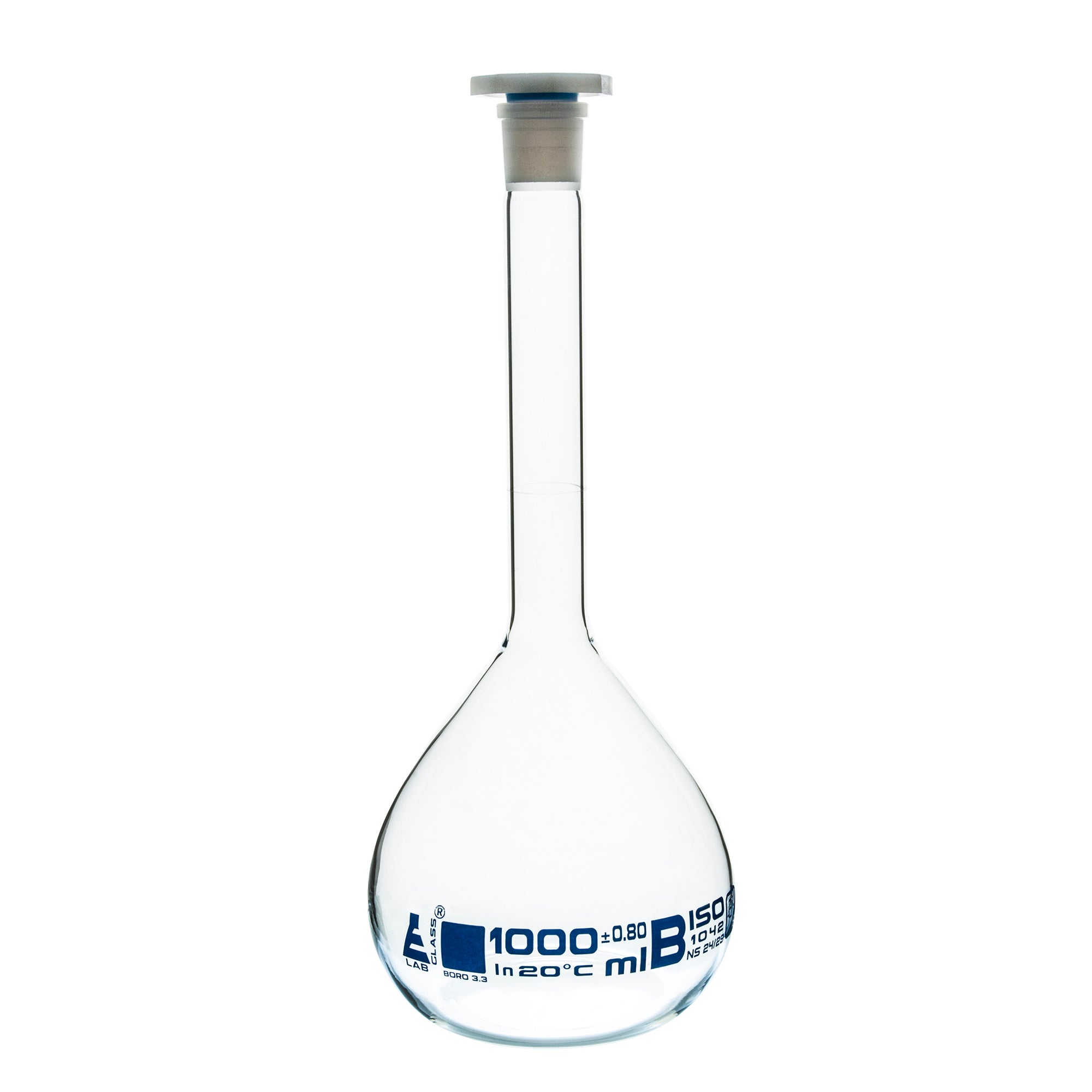 Borosilicate Glass Volumetric Flask with Polyethylene Stopper, 1000ml, Class B, Blue Print, Autoclavable