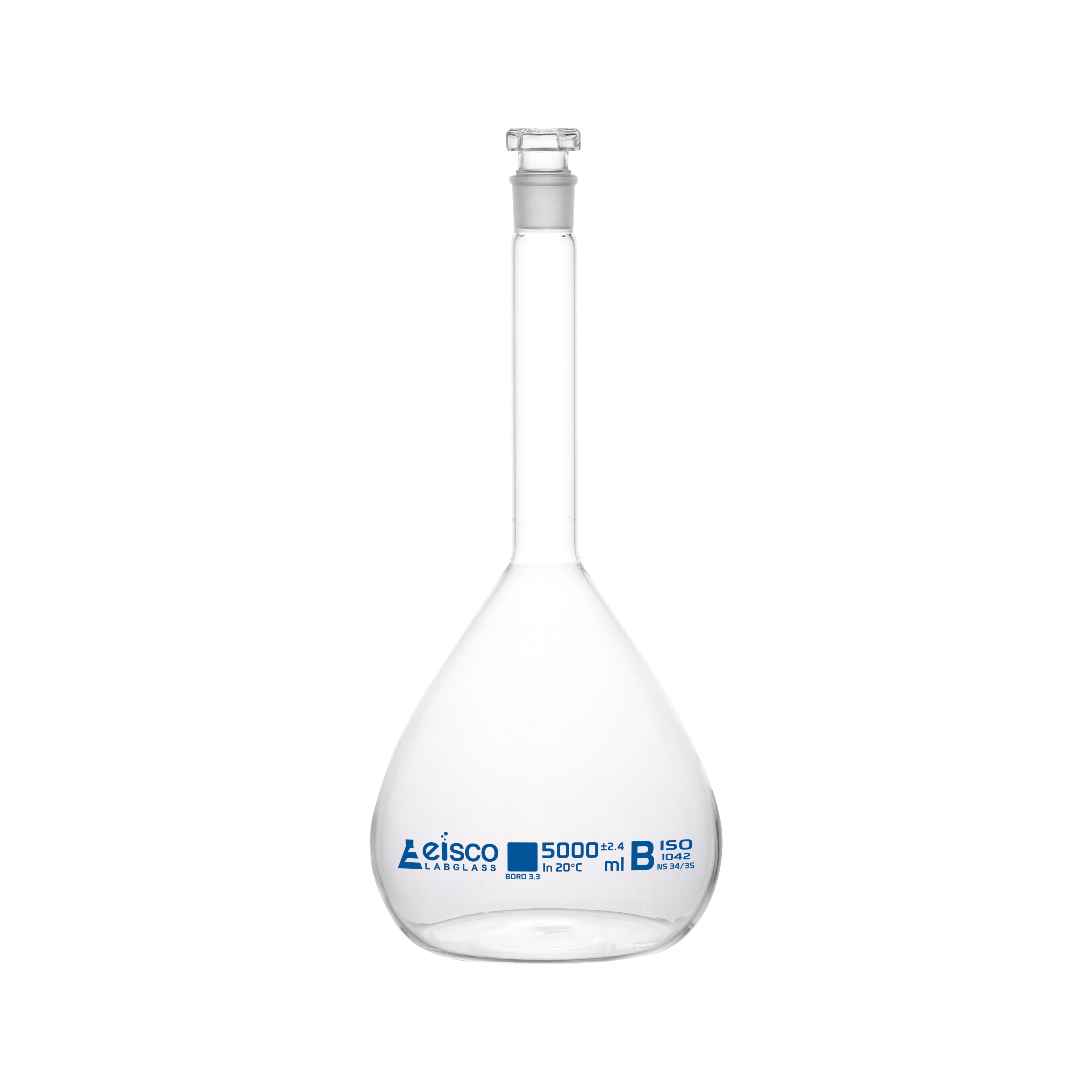 Borosilicate Volumetric Flask with Hollow Glass Stopper, 5000ml, Class B, Blue Print, Autoclavable