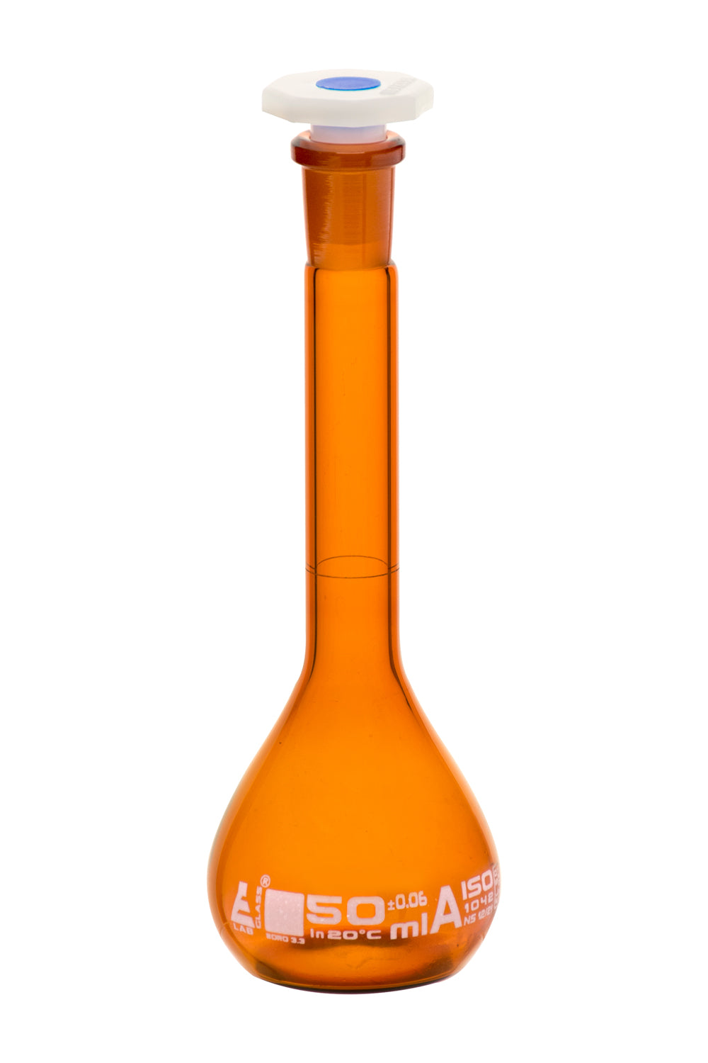 Amber Borosilicate Volumetric Flask with Polyethylene Stopper, 50ml, Class A, White Print, Autoclavable
