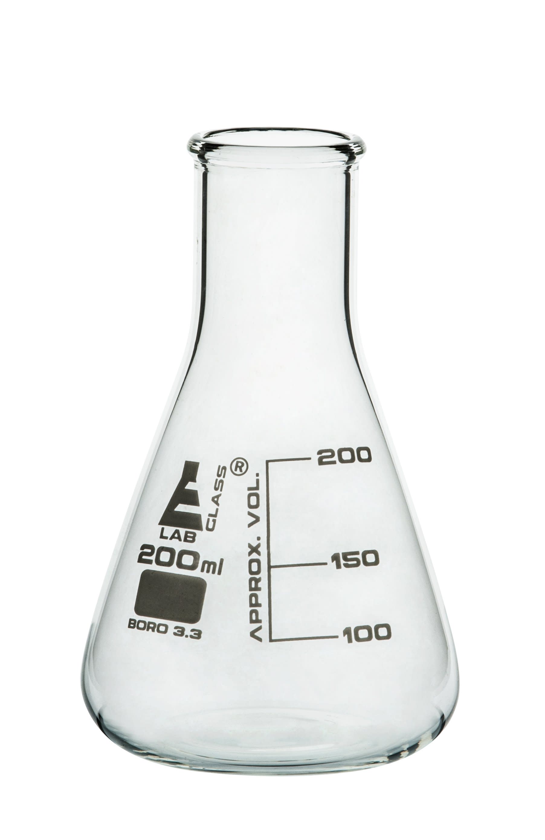 Borosilicate Glass Erlenmeyer Flask, 200 ml, 50 ml Graduations, Autoclavable