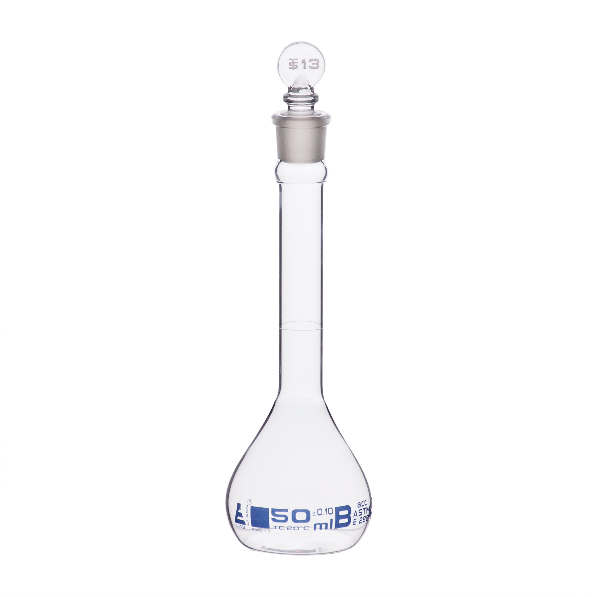 Borosilicate Glass ASTM Volumetric Flask with Glass Stopper, 50 ml, Class B, Autoclavable