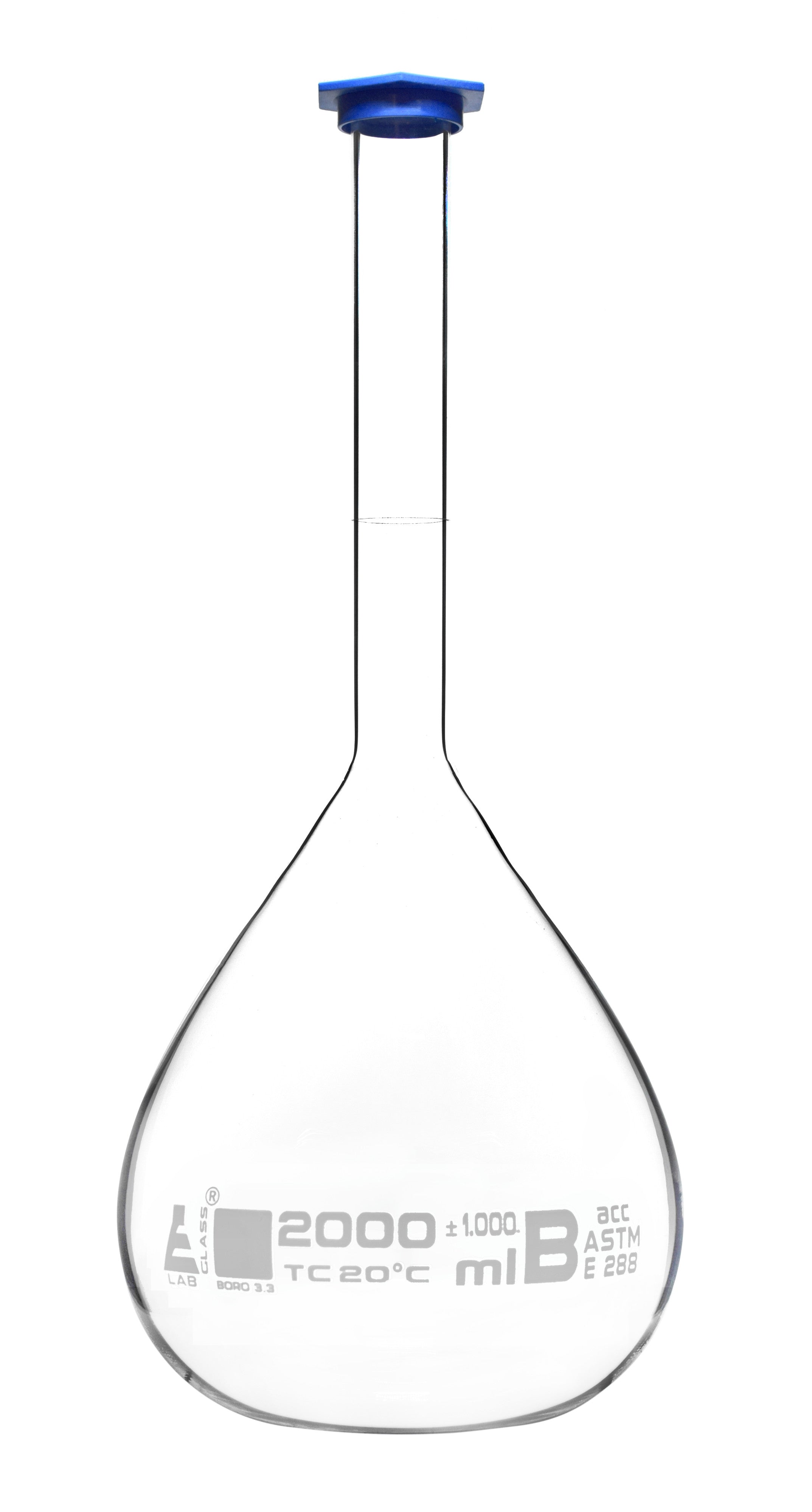 Borosilicate Volumetric Flask with Polyethylene Snap Cap, 2000 ml, Class B, White Print, ASTM, Autoclavable