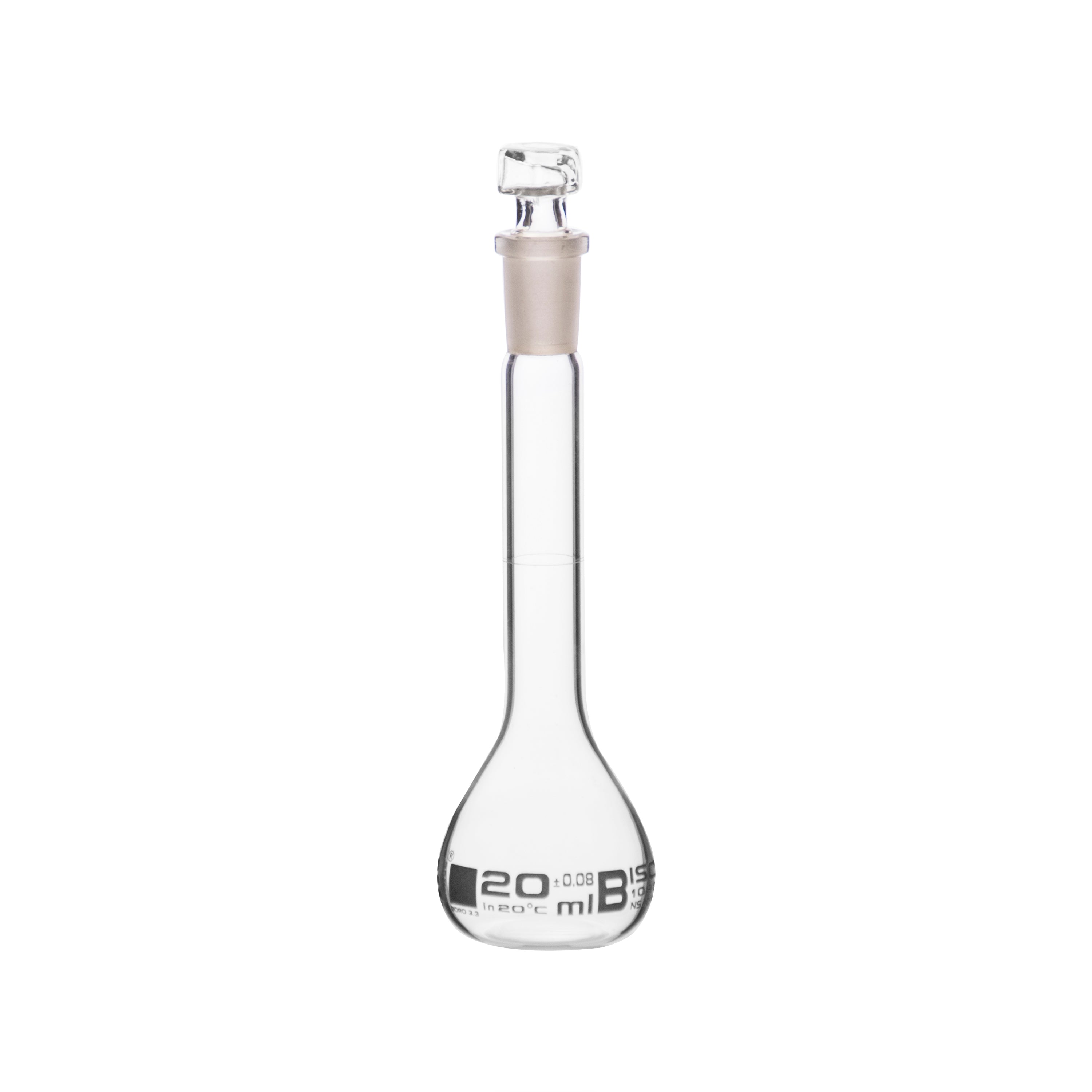Borosilicate Volumetric Flask with Hollow Glass Stopper, 20ml, Class B, White Print, Autoclavable