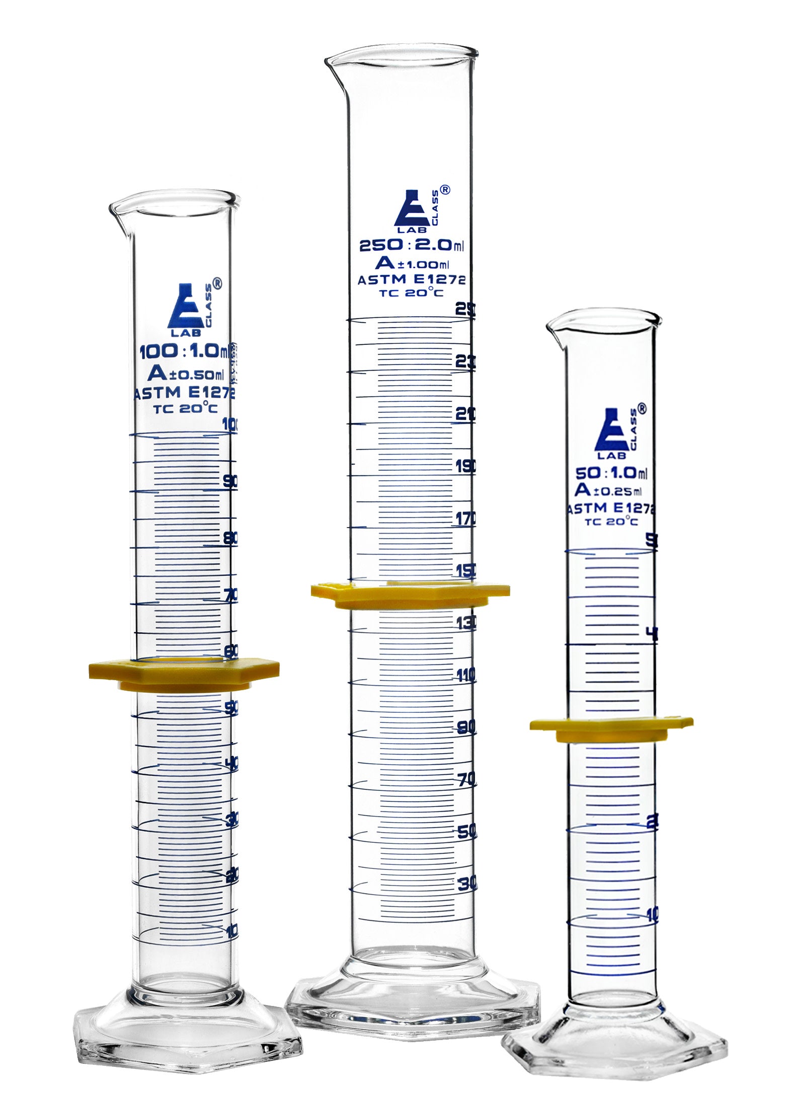 Borosilicate Glass Safety Pack Graduated Cylinder Set (50 ml, 100 ml, 250 ml) with Guard, Class A, ASTM, Autoclavable