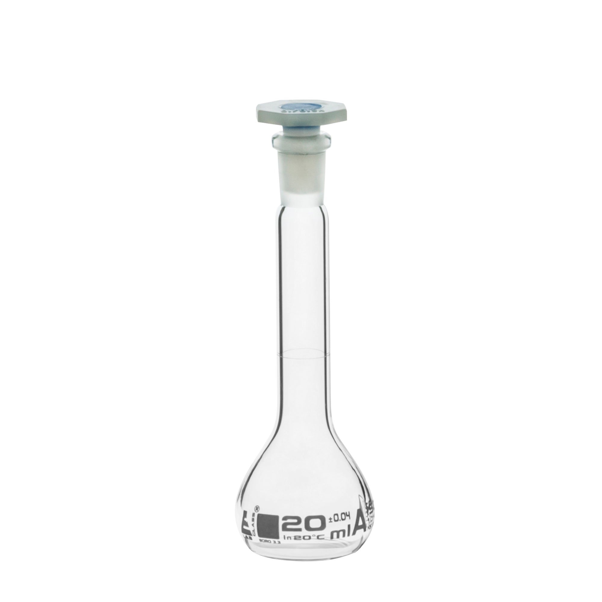 Borosilicate Glass Volumetric Flask with Polyethylene Stopper, 20ml, Class A, White Print, Autoclavable