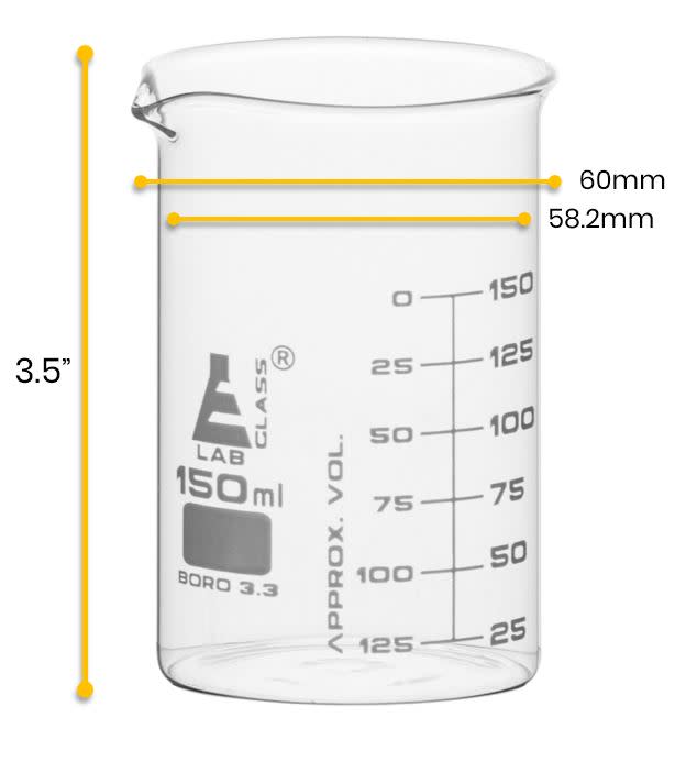 Borosilicate ASTM Low Form Beaker, 150ml, 25ml Graduation, Autoclavable
