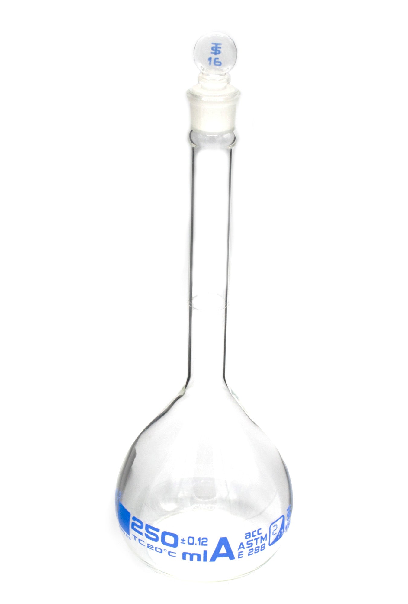 Borosilicate Glass ASTM Volumetric Flask with Glass Stopper, 250 ml, Class A, Autoclavable
