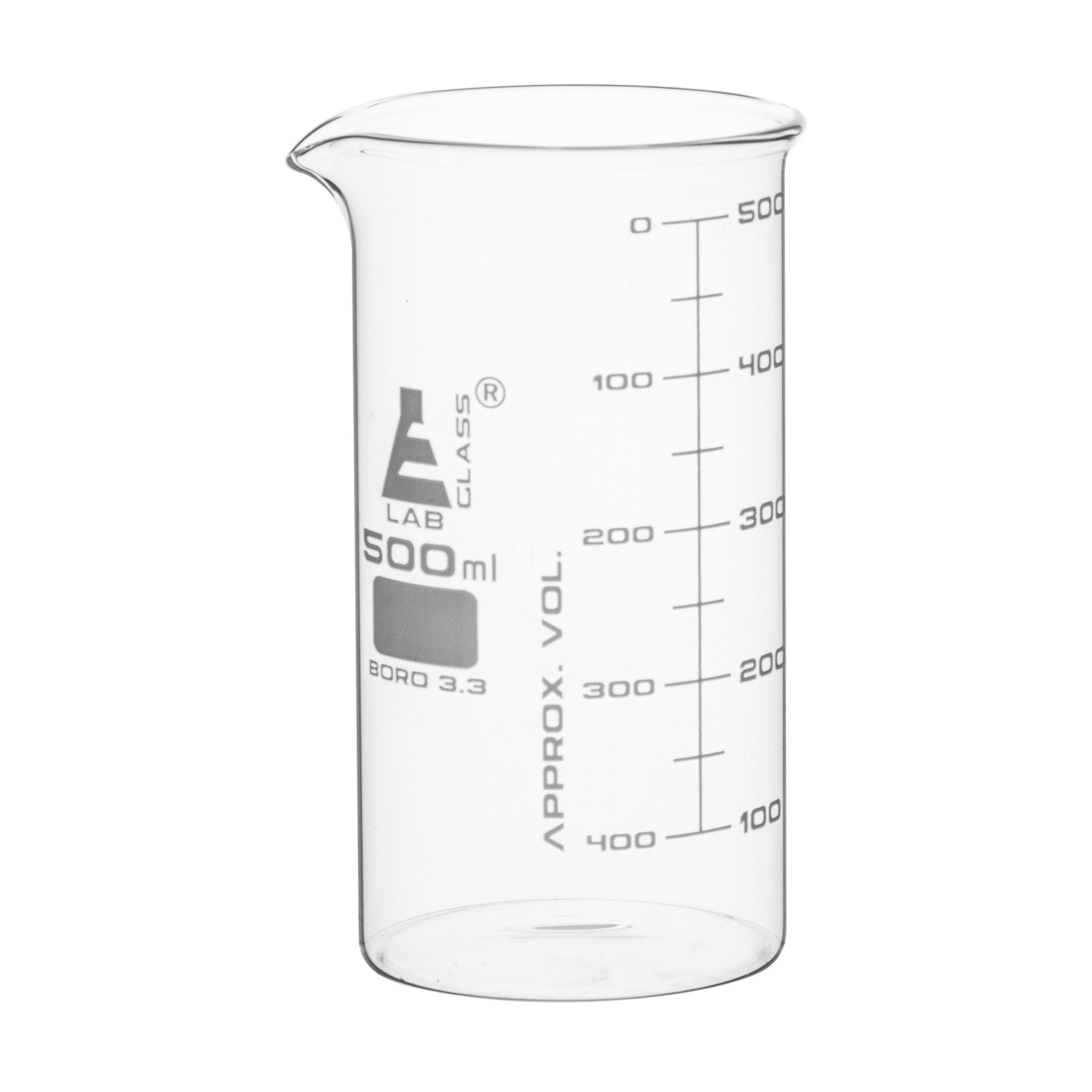 Borosilicate ASTM Tall Form Beaker, 500ml, 50ml Graduation, Autoclavable