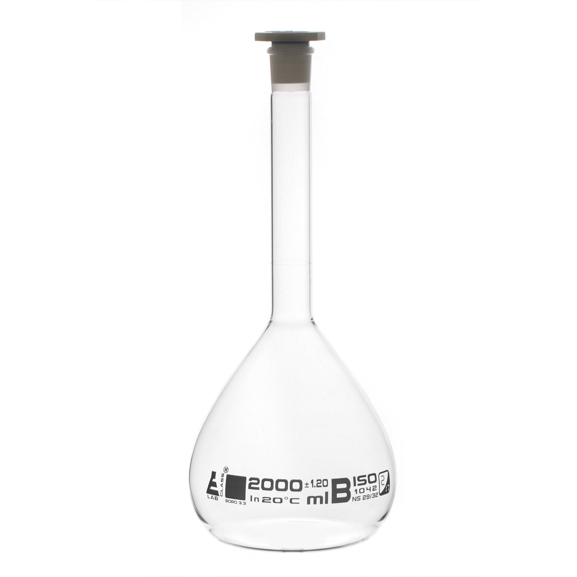 Borosilicate Glass Volumetric Flask with Polyethylene Stopper, 2000ml, Class B, White Print, Autoclavable
