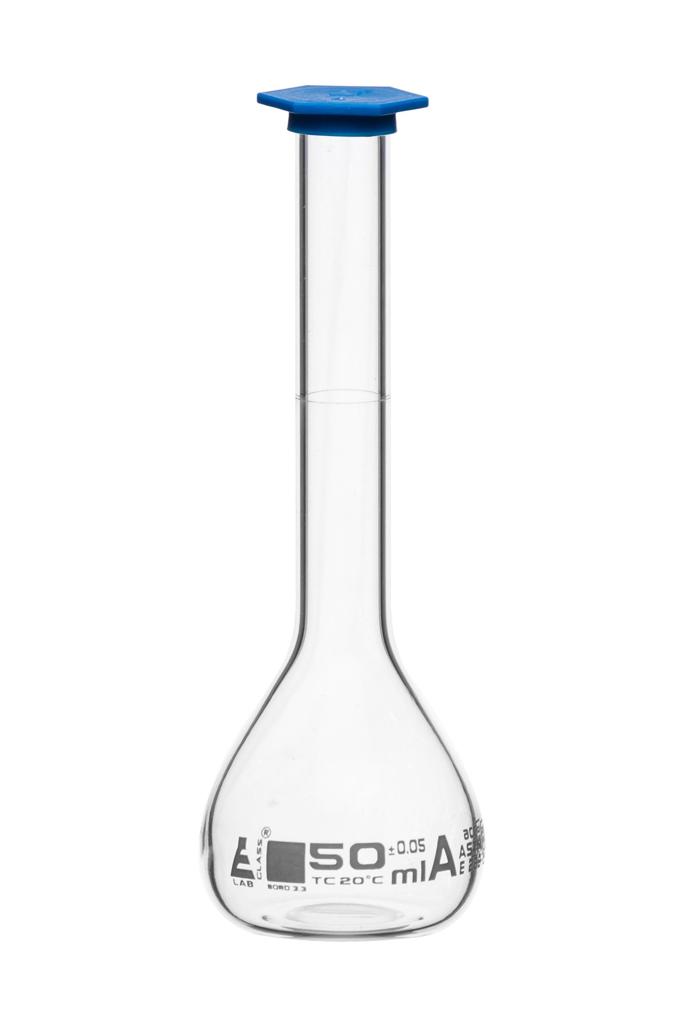 Borosilicate Volumetric Flask with Polyethylene Snap Cap, 50 ml, Class A, White Print, ASTM, Autoclavable