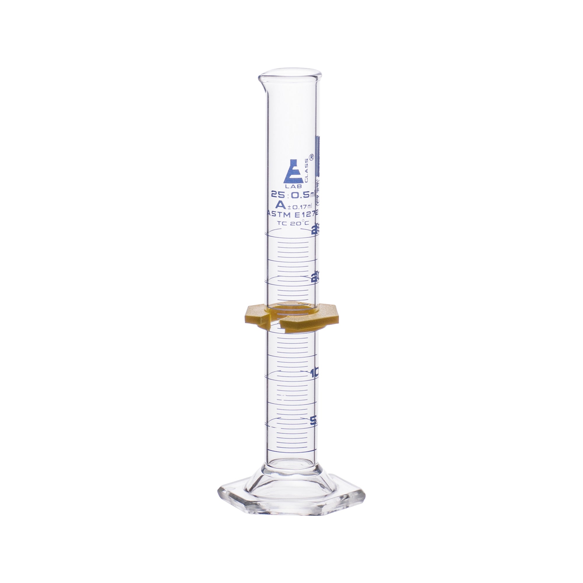 Borosilicate Glass ASTM Graduated Cylinder with Hexagonal Base and Guard, 25 ml, Class A with USP & Individual Work Certificate, Autoclavable