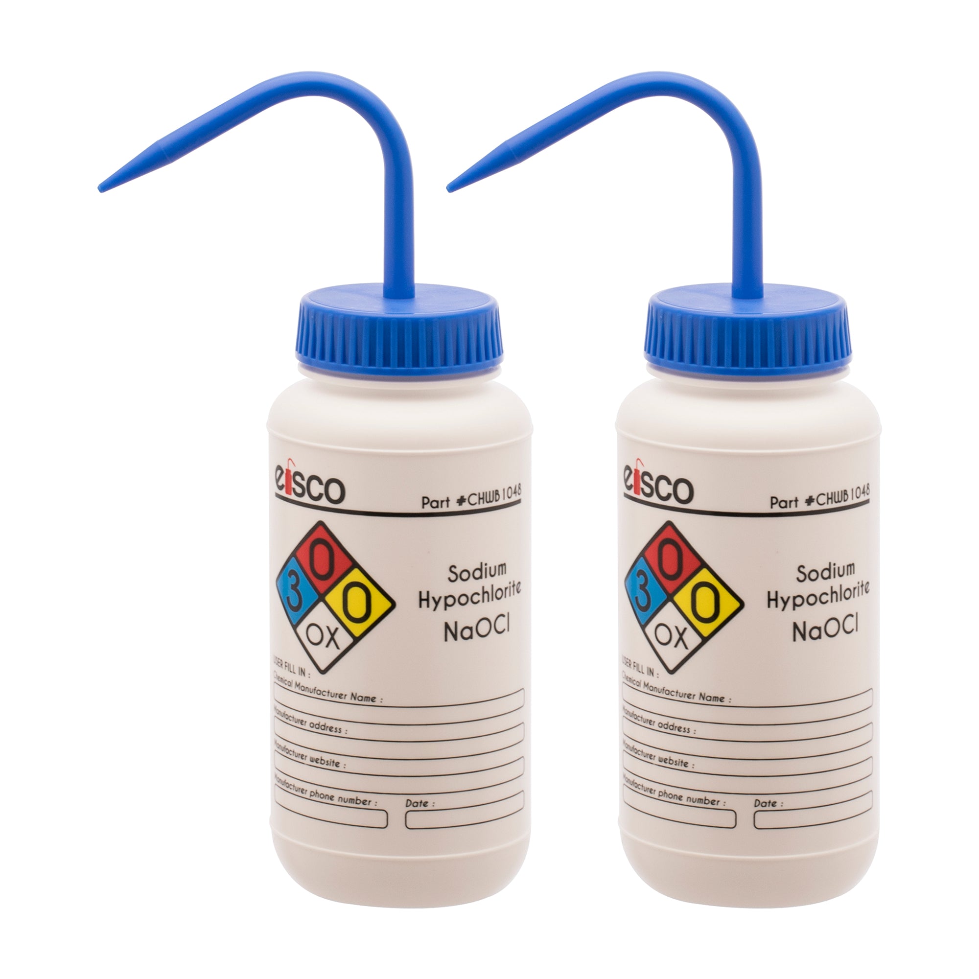 2PK Performance Plastic Wash Bottle, Sodium Hypochlorite (Bleach), 500 ml - Labeled (4 Color)