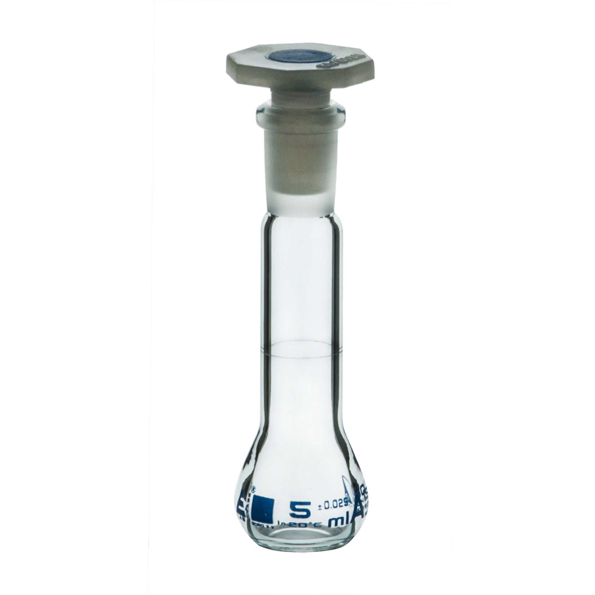 Borosilicate Glass Volumetric Flask with Polypropylene Stopper, 5 ml, Class A with Individual Work Certificate, Pack of 2,  Autoclavable