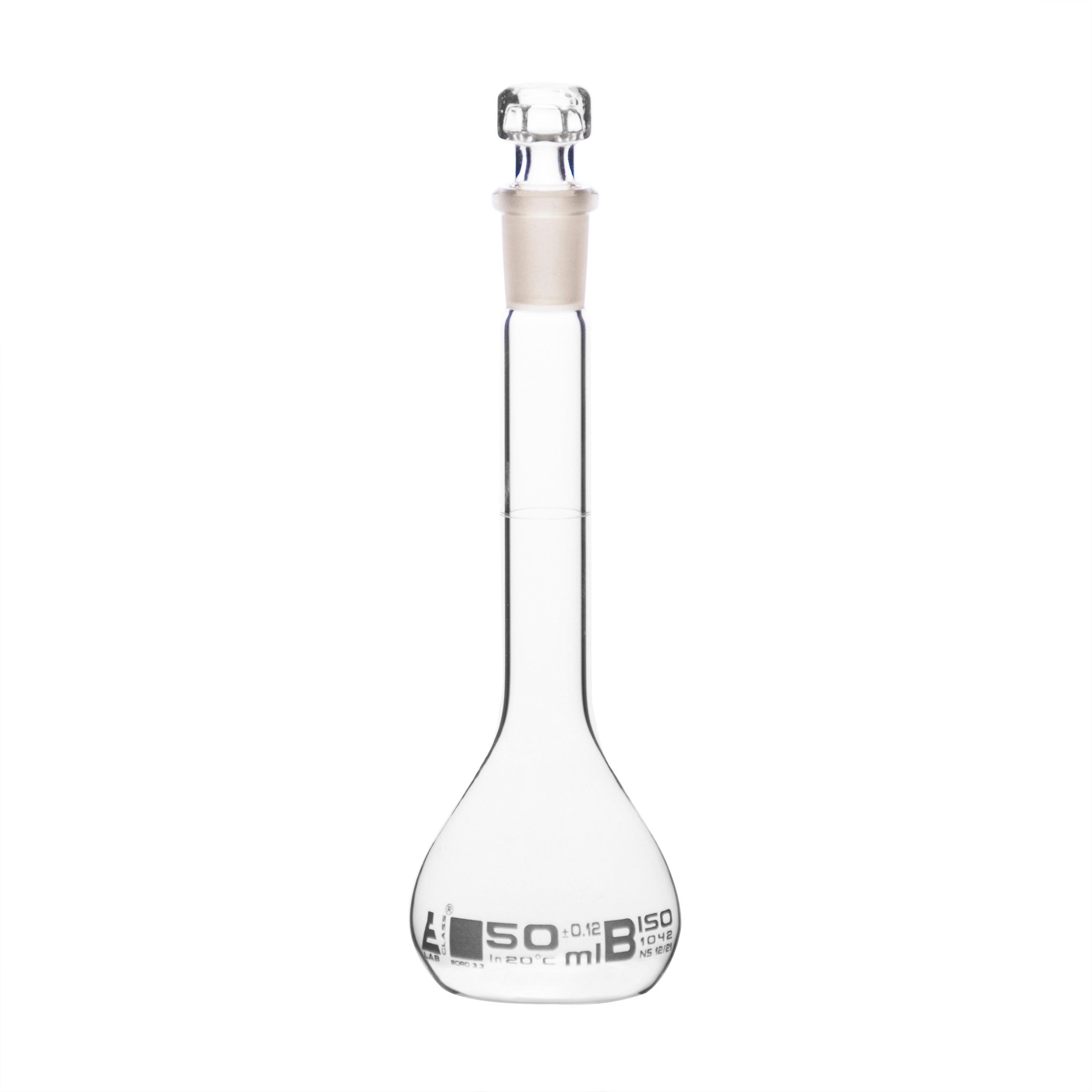 Borosilicate Volumetric Flask with Hollow Glass Stopper, 50ml, Class B, White Print, Autoclavable