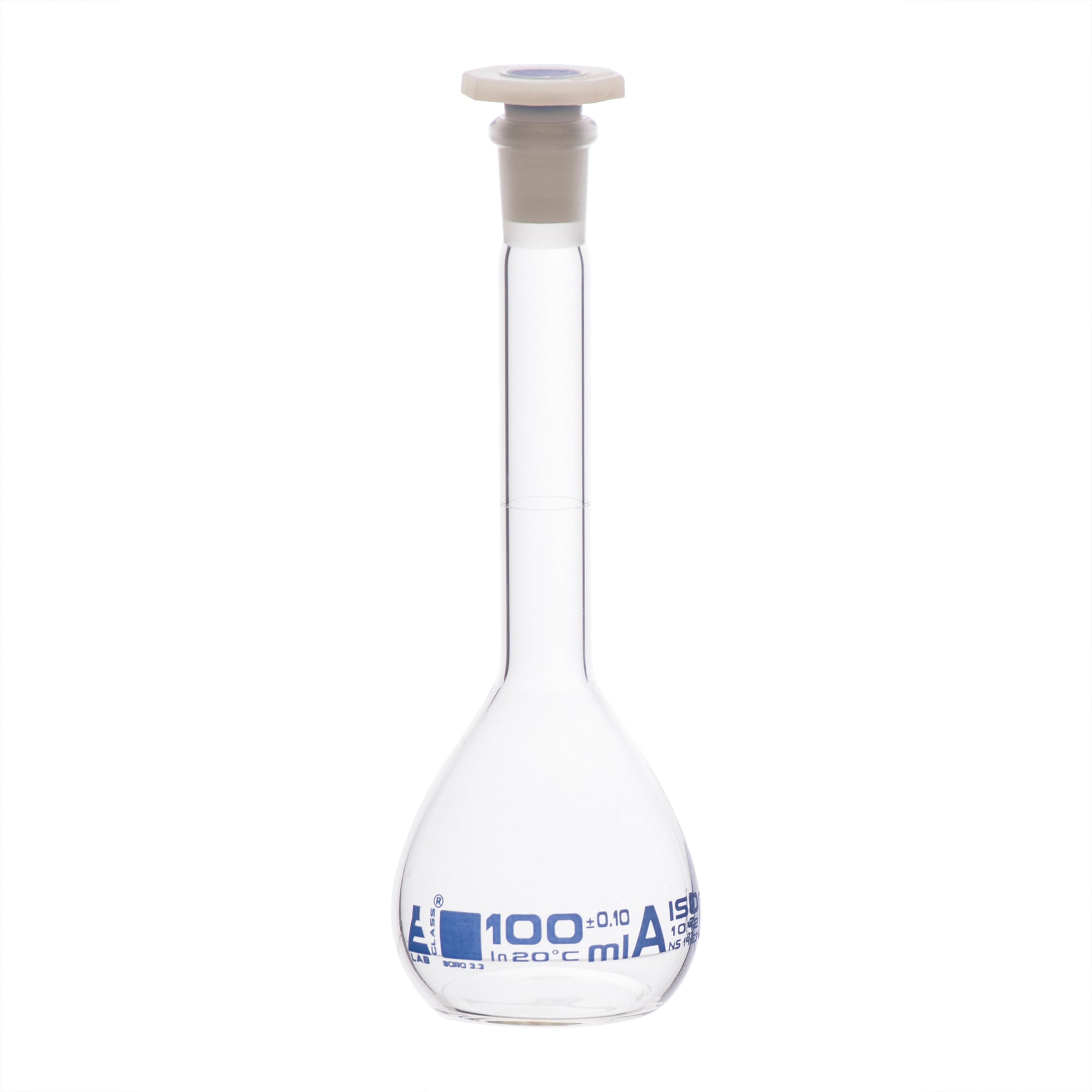 Borosilicate Glass Volumetric Flask with Polyethylene Stopper, 100ml, Class A, Blue Print, Autoclavable