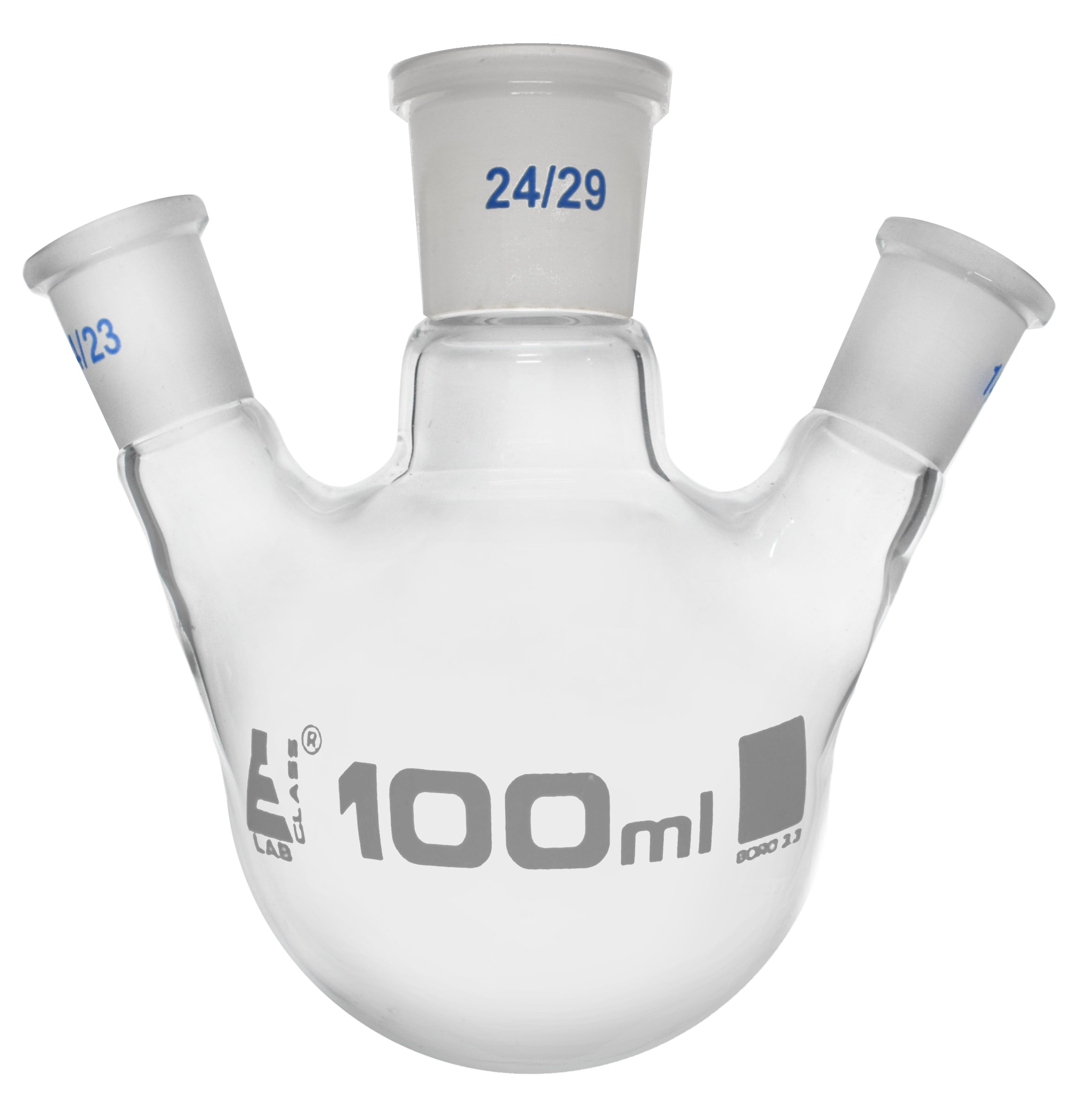 Borosilicate Glass 3 Neck Distillation Flask, 100ml, 14/29 Oblique Neck, 14/23 Side Joint, Autoclavable