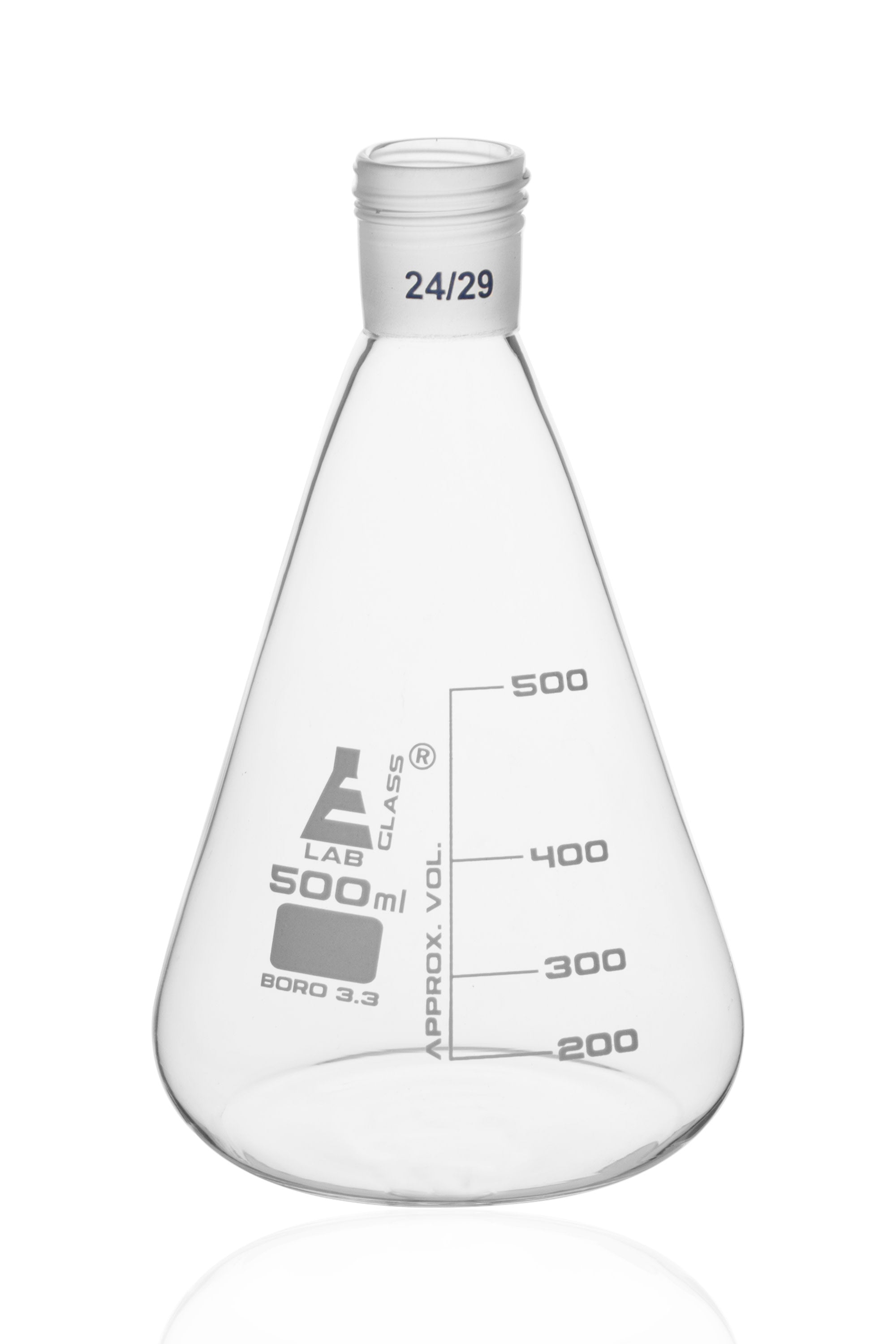 Borosilicate Glass Erlenmeyer Flask with 24/29 Screw Thread Neck Joint, 500 ml, 100 ml Graduations, Autoclavable