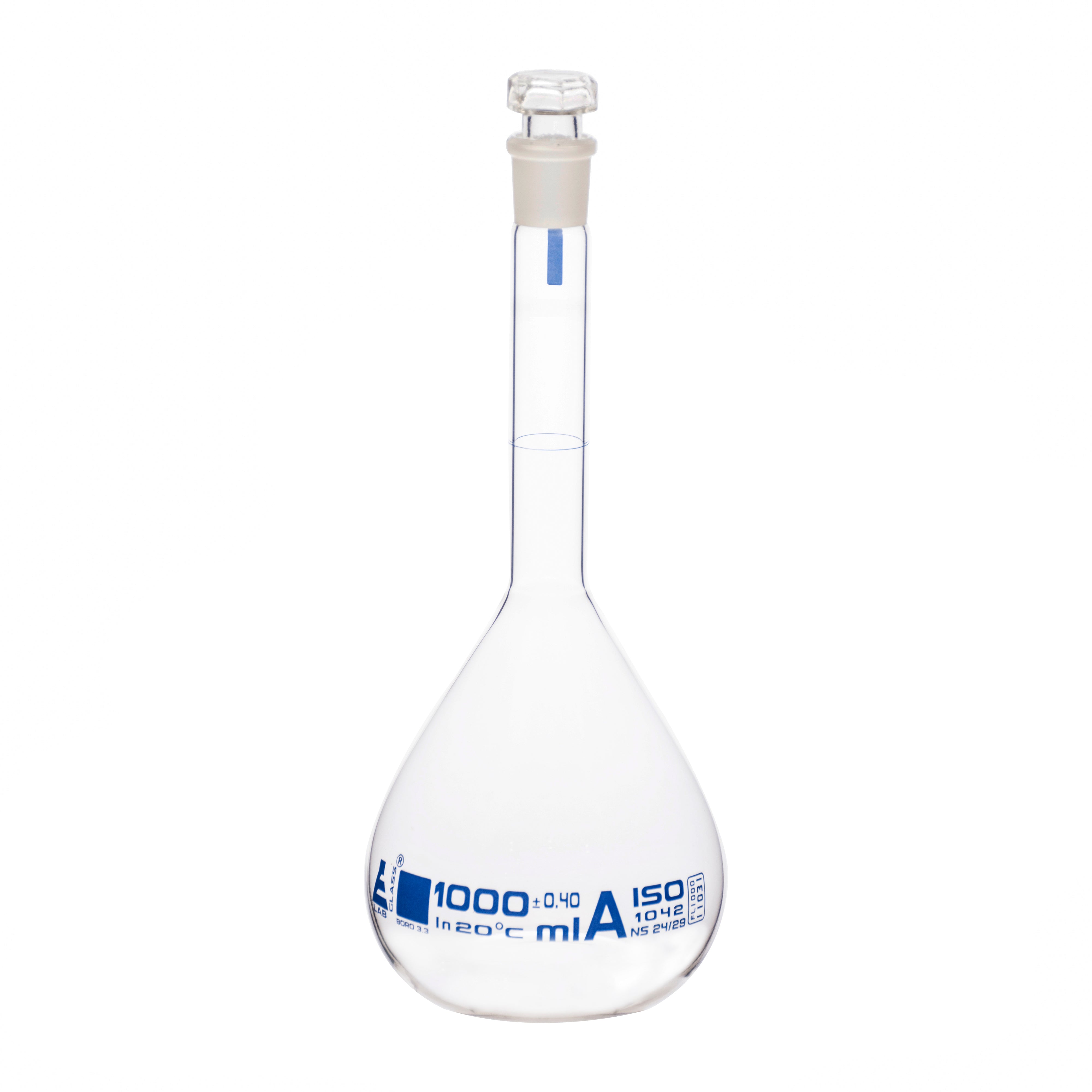 Borosilicate Volumetric Flask with Hollow Glass Stopper, 1000ml, Class A, Blue Print, Autoclavable
