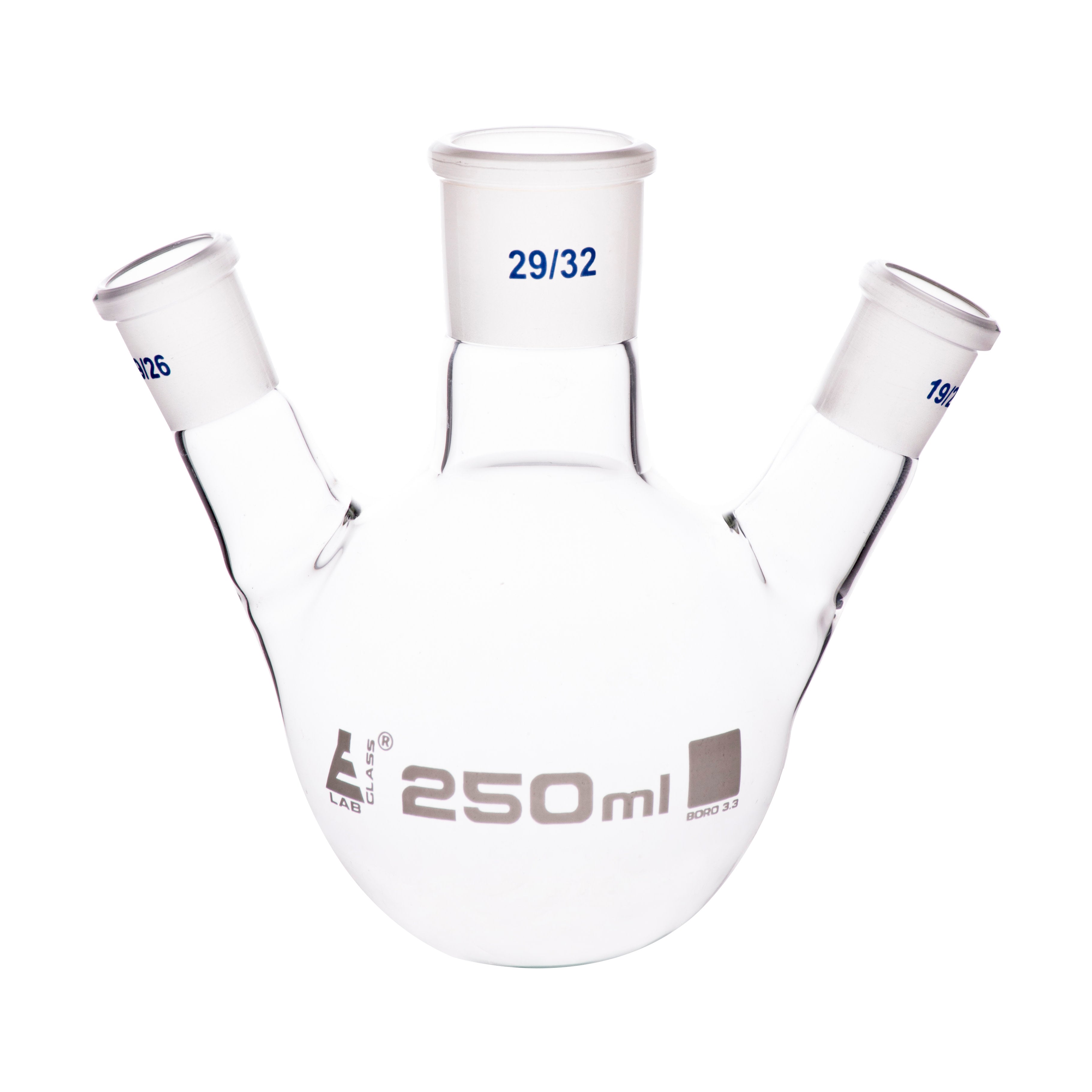 Borosilicate Glass 3 Neck Distillation Flask, 250ml, 29/32 Oblique Neck, 19/26 Side Joint, Autoclavable